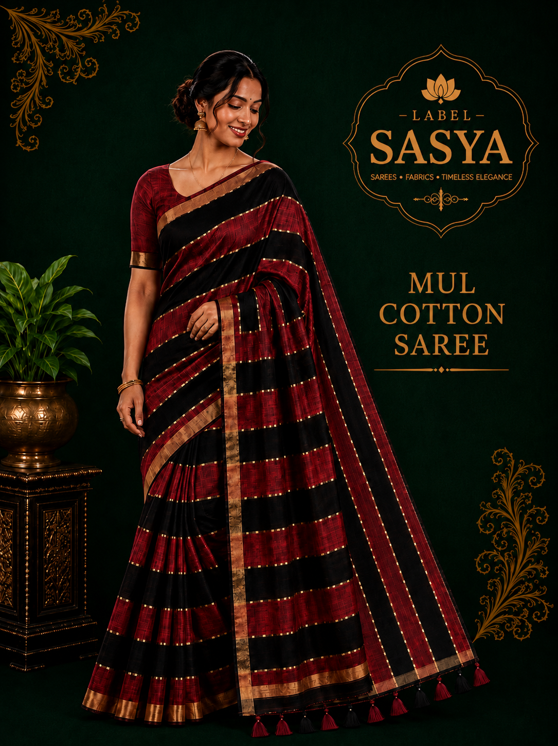 PREMIUM RAINBOW MUL COTTON SAREE BLACK AND MAROON BUTTAS SAREE