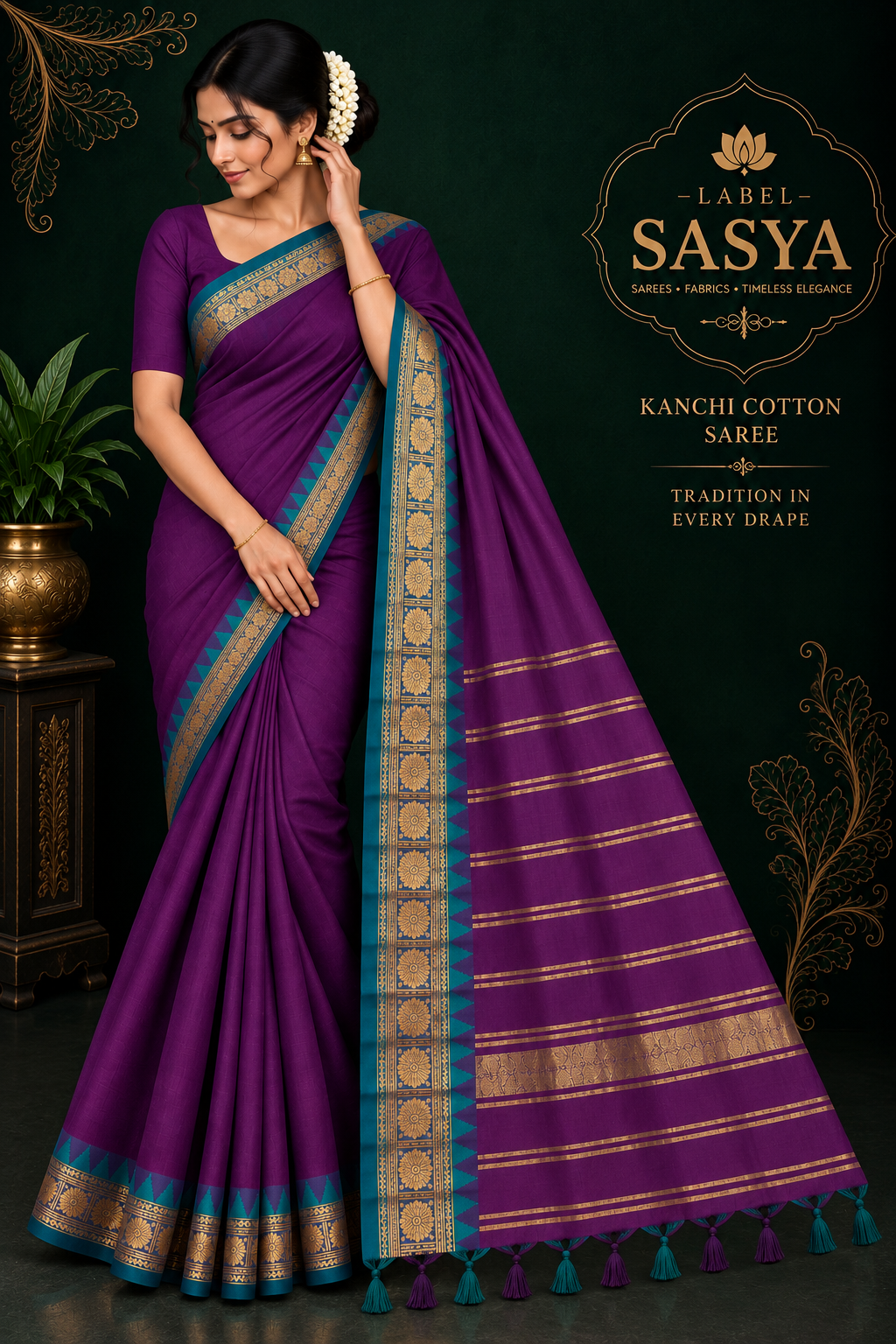 PREMIUM KANCHI  COTTON TEMPLE BORDER SAREE PURPLE BLUE