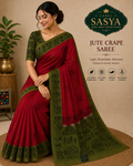PREMIUM JUTE CREPE SAREE IN RED AND GREEN COMBINATION