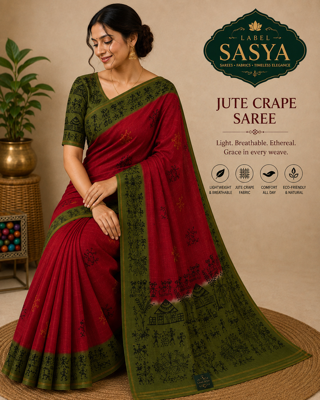 PREMIUM JUTE CREPE SAREE IN RED AND GREEN COMBINATION