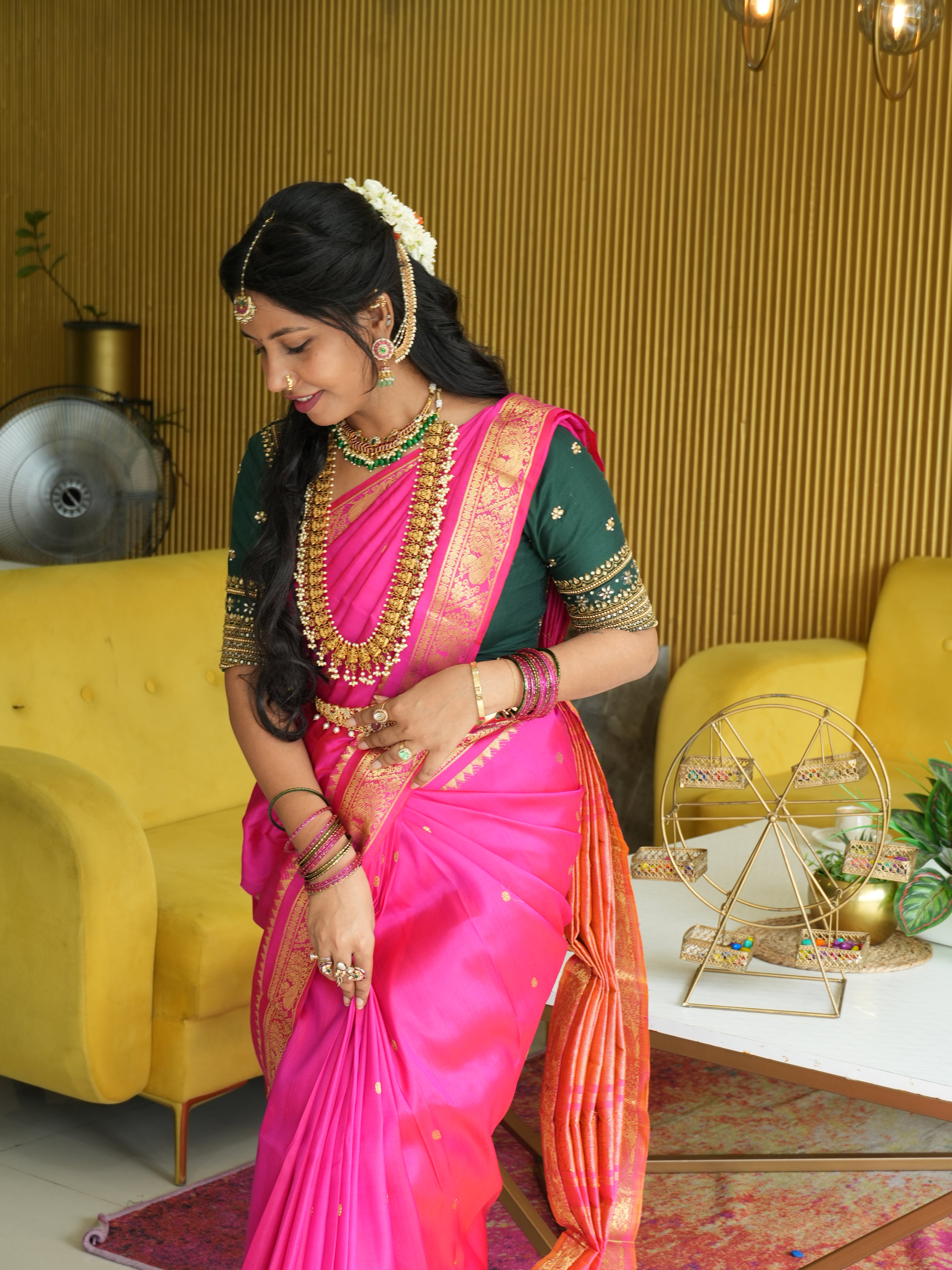 PREMIUM KANCHI PATTU SAREE PINK AND GOLD SMALL BORDER
