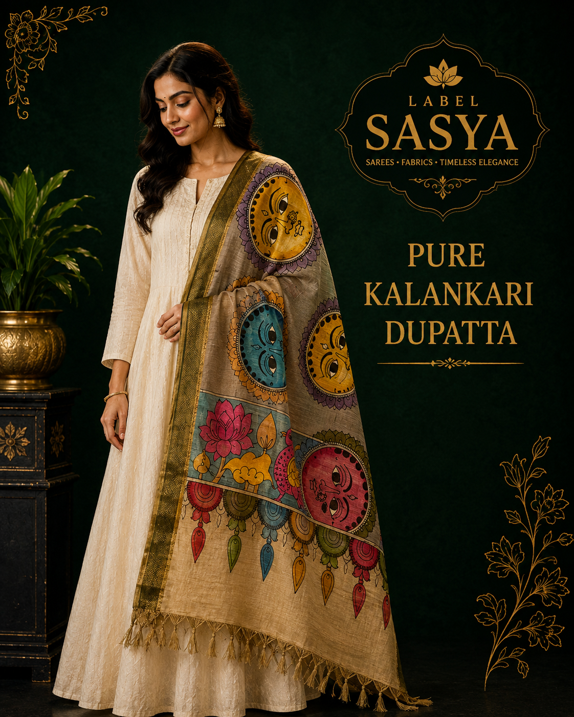 PREMIUM KALANKARI DUPATTA CEMENT AND GREEN BORDER