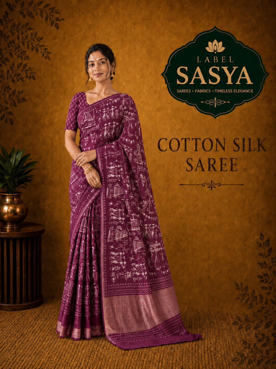TRADITIONAL SILK COTTON BEAUTY SAREE MEAGANTA COLOUR