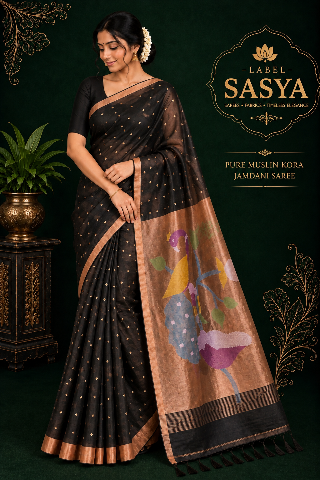 Pure Muslin Kora Jamdani Handwoven Saree