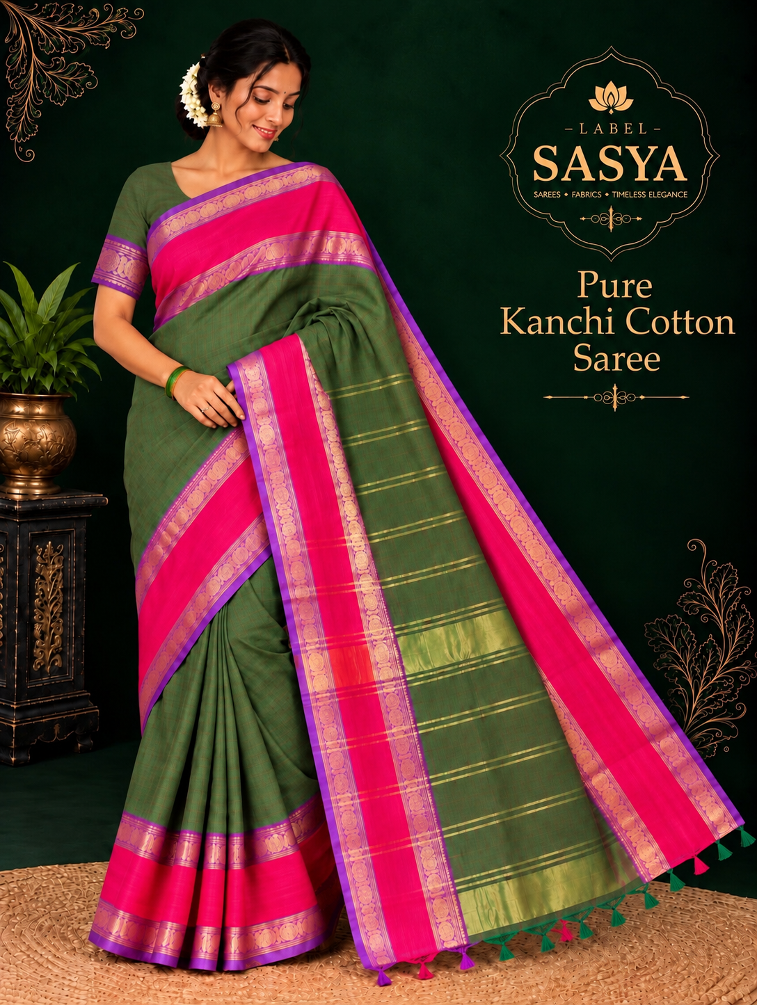 PREMIUM KANCHI GAP BORDER SAREE GREEN COLOUR