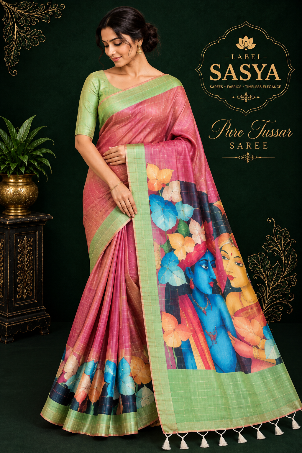 PREMIUM PURE TUSSER CHECKS SAREE PEACH AND GREEN