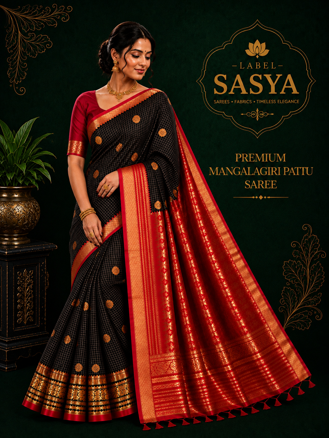PREMIUM  MANGALAGIRI PATTU BLACK AND RED BUTTAS SAREE
