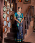 ROYAL BLUE KANCHI PATTU SAREE WITH TEAL BLUE ZARI BORDER