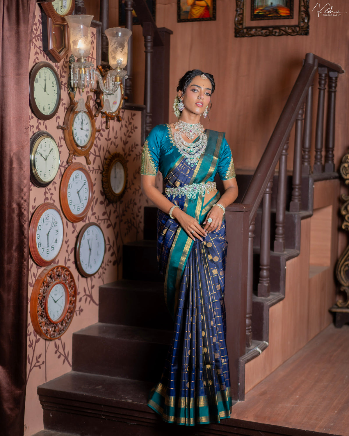 ROYAL BLUE KANCHI PATTU SAREE WITH TEAL BLUE ZARI BORDER