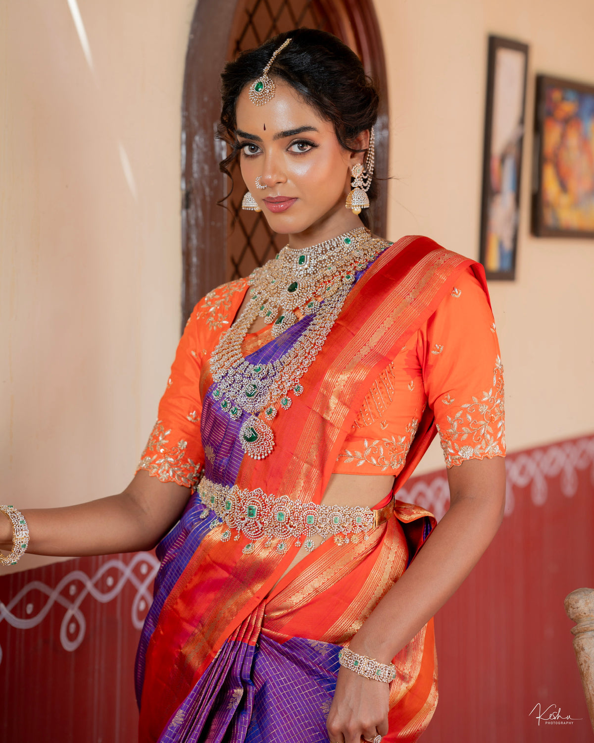 ROYAL VIOLET KANCHI PATTU SAREE  WITH DARK ORANGE  ZARI BORDER