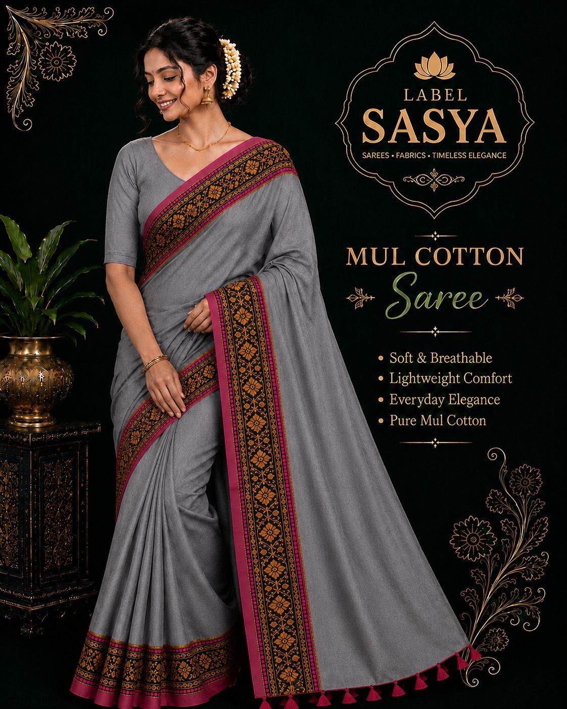 PREMIUM MUL COTTON GREY COLOUR AND PINK BUTTAS SAREE