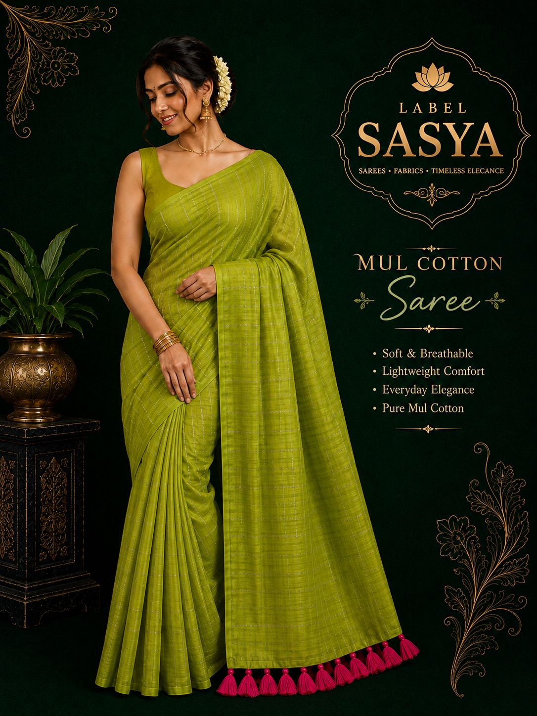 PREMIUM CHAIN SEQUENCE MUL COTTON SAREE PAROOT GREEN