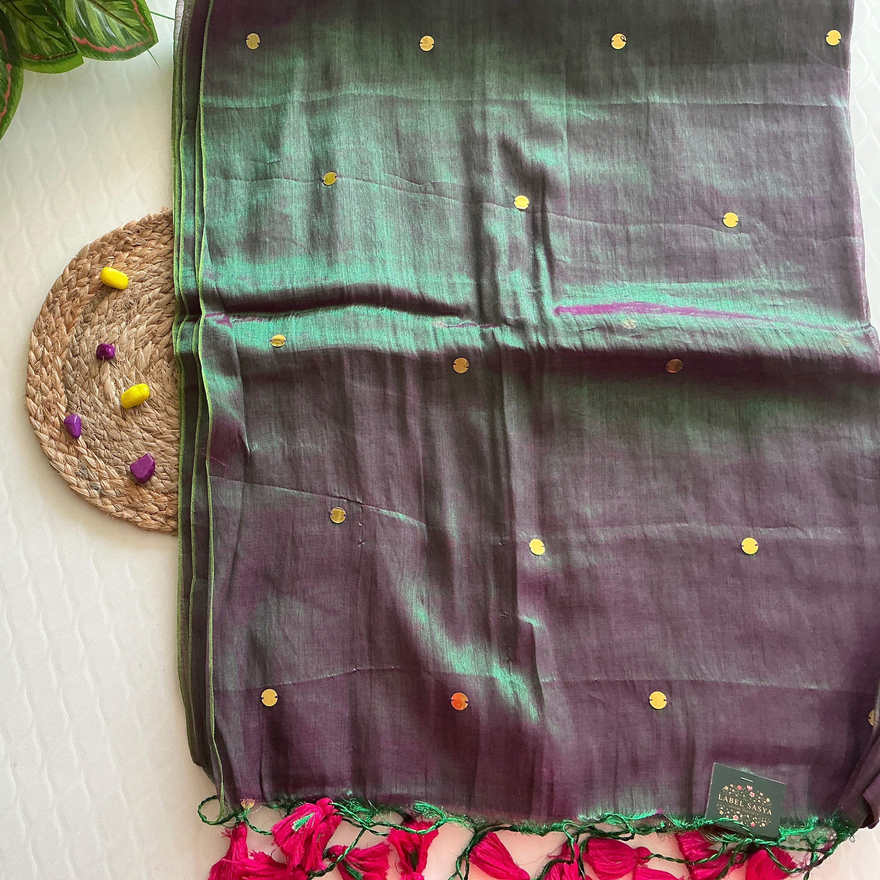 PREMIUM GINI TISSUE SAREE GREEN AND PINK BUTTAS