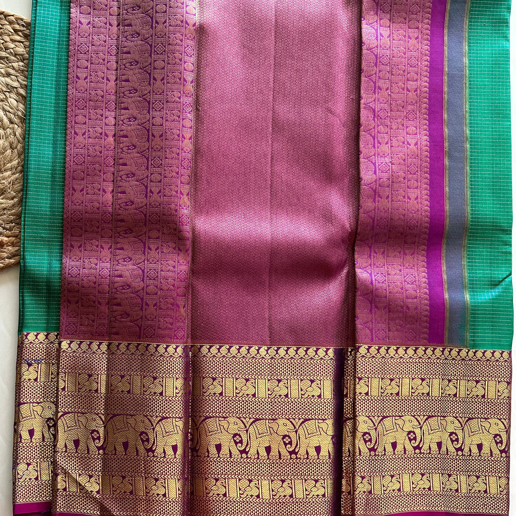 ROYAL BLUE VINTAGE CHECKS PATTU SAREE WITH PURRPLE ZARI BORDER