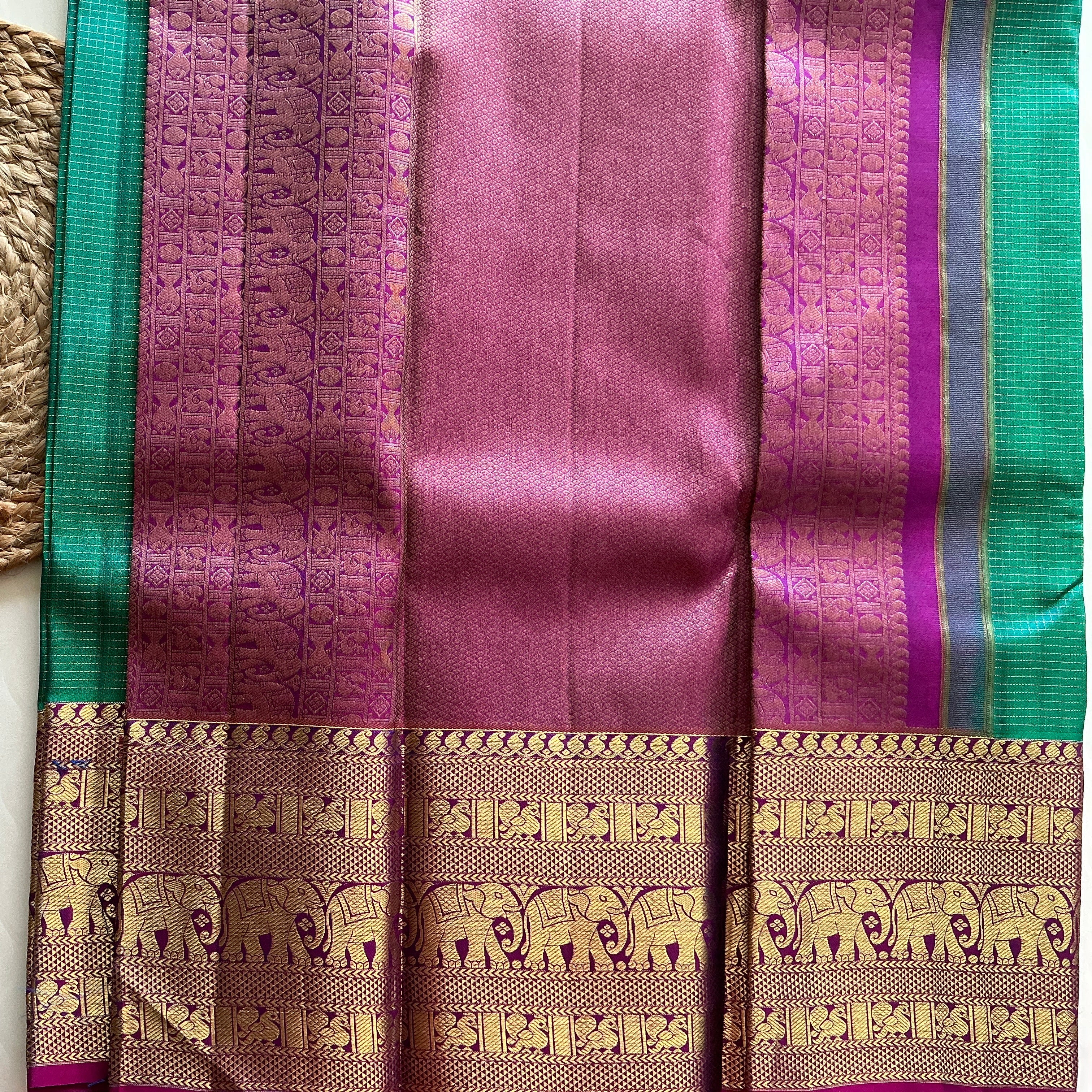 ROYAL BLUE VINTAGE CHECKS PATTU SAREE WITH PURRPLE ZARI BORDER