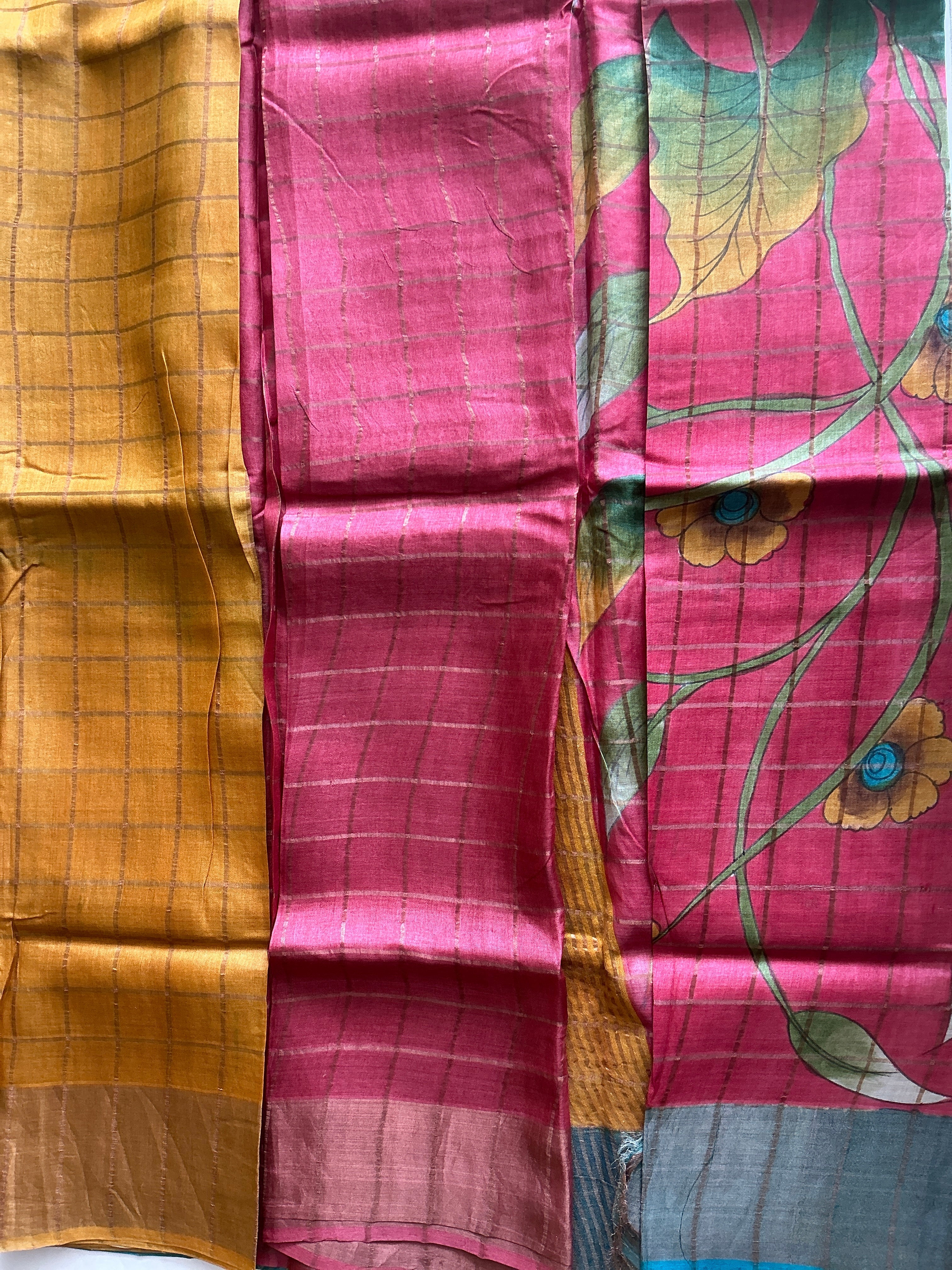 PREMIUM PURE CHECKS PINK AND BLUE SAREE