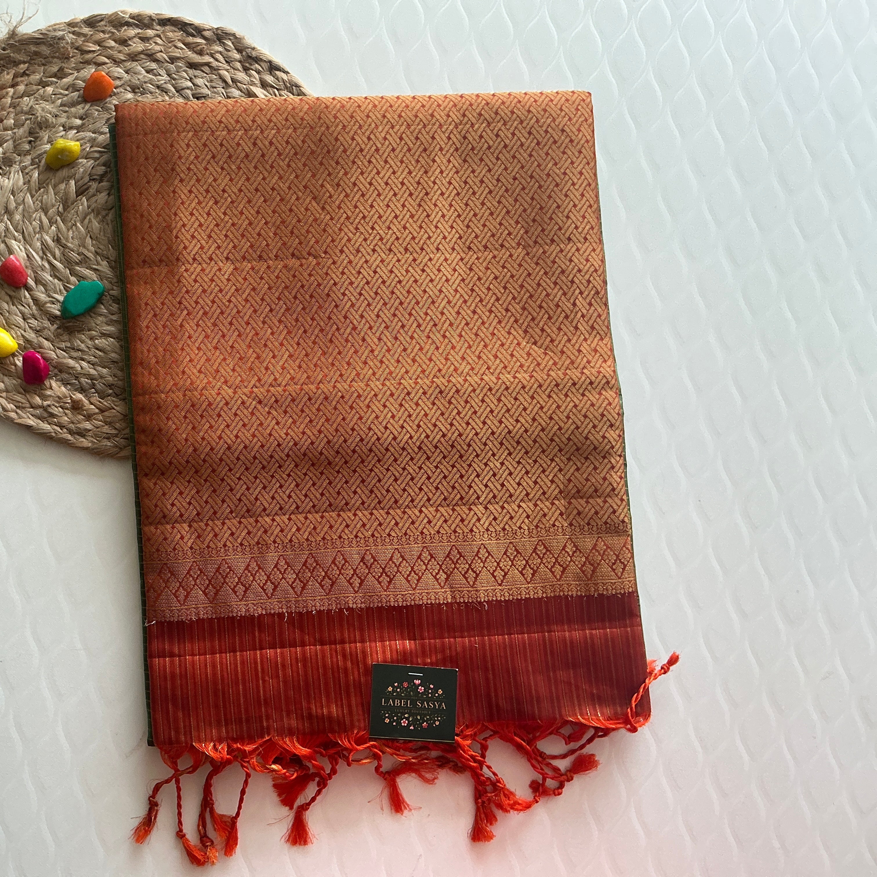 ROYAL PISTA GREEN AND ORANGE BUTTAS KACHI PATTU SAREE