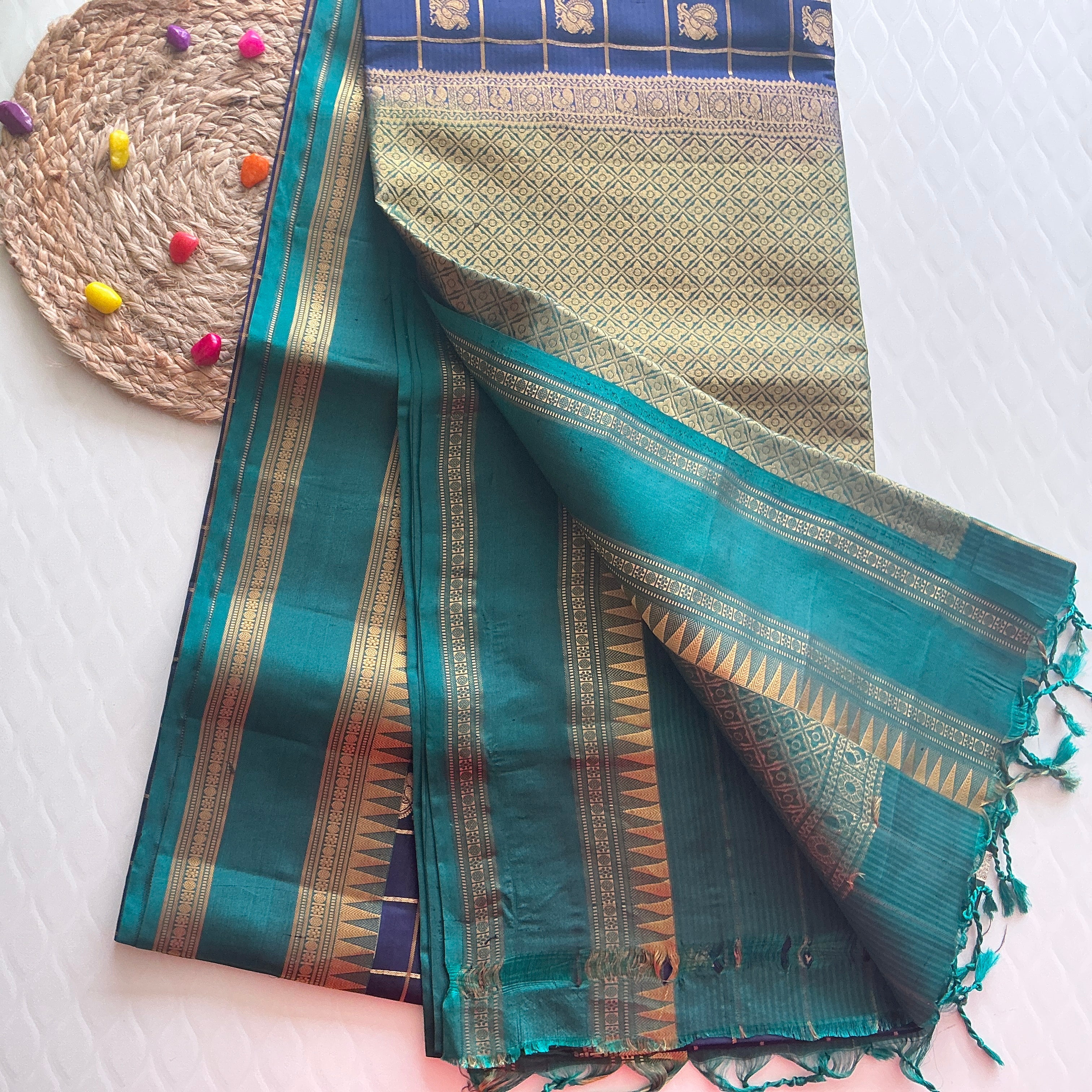 ROYAL BLUE KANCHI PATTU SAREE WITH TEAL BLUE ZARI BORDER