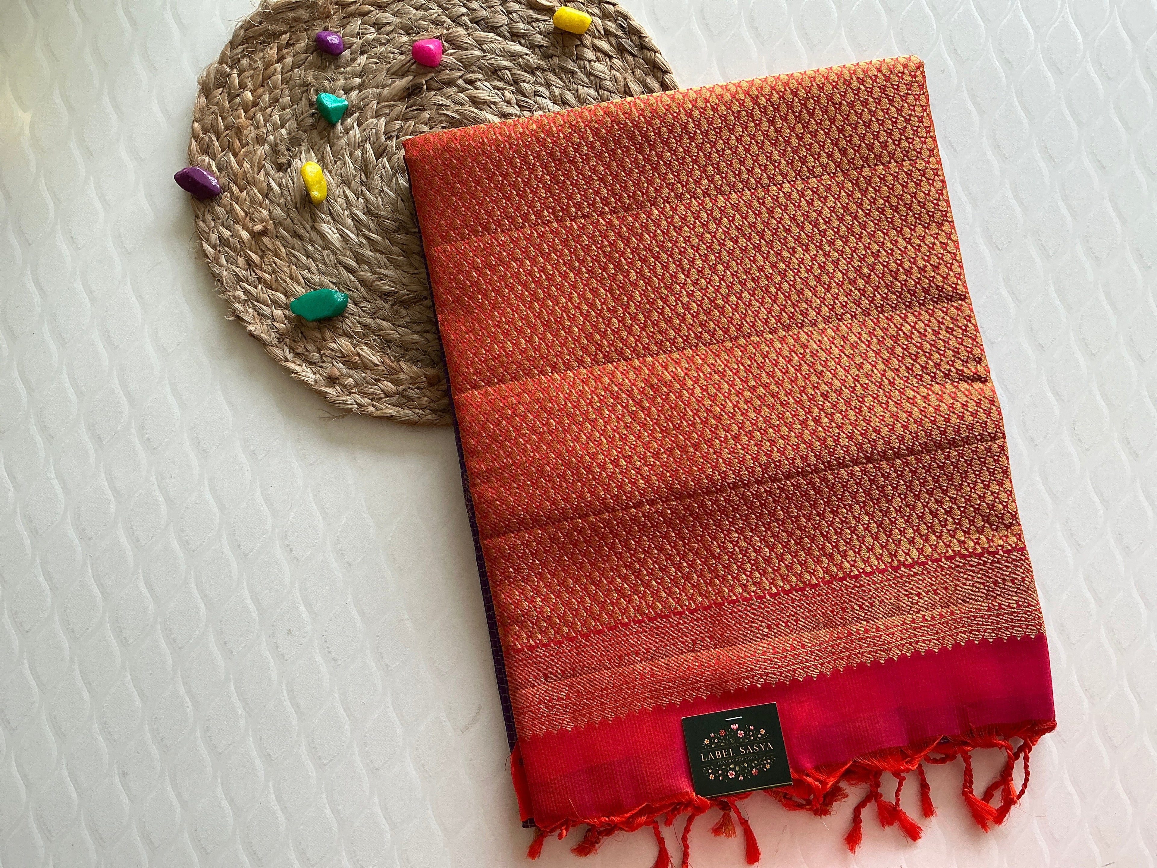 ROYAL VIOLET KANCHI PATTU SAREE  WITH DARK ORANGE  ZARI BORDER