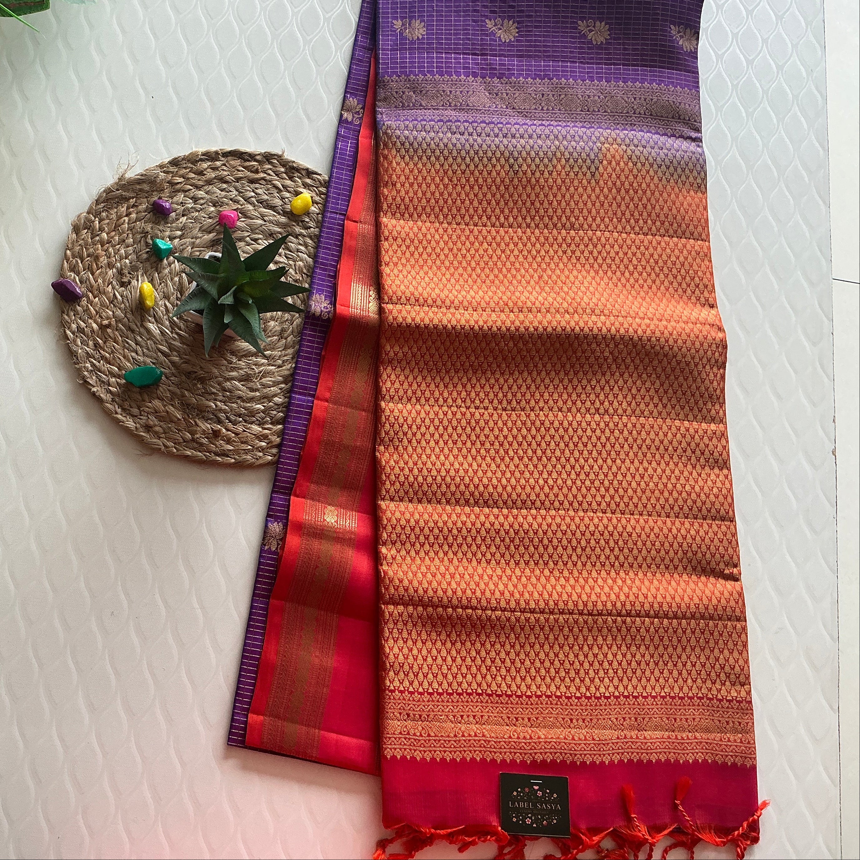 ROYAL VIOLET KANCHI PATTU SAREE  WITH DARK ORANGE  ZARI BORDER