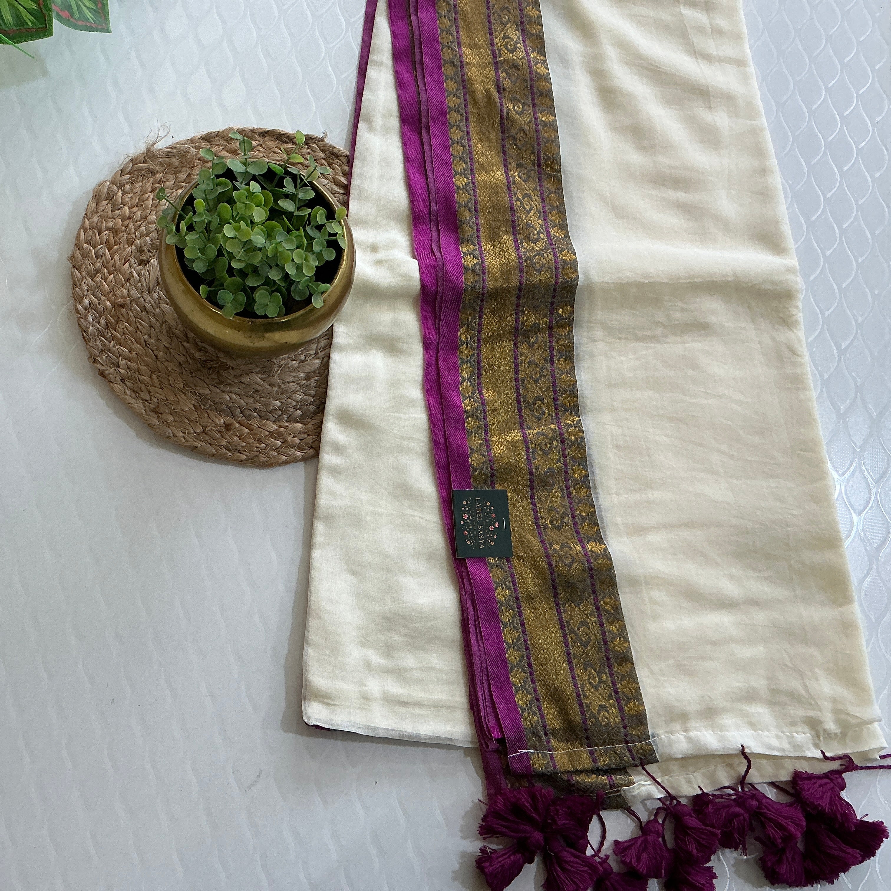 PREMIUM MUL COTTON WHITE AND PURPLE KANCHI BORDER SAREE