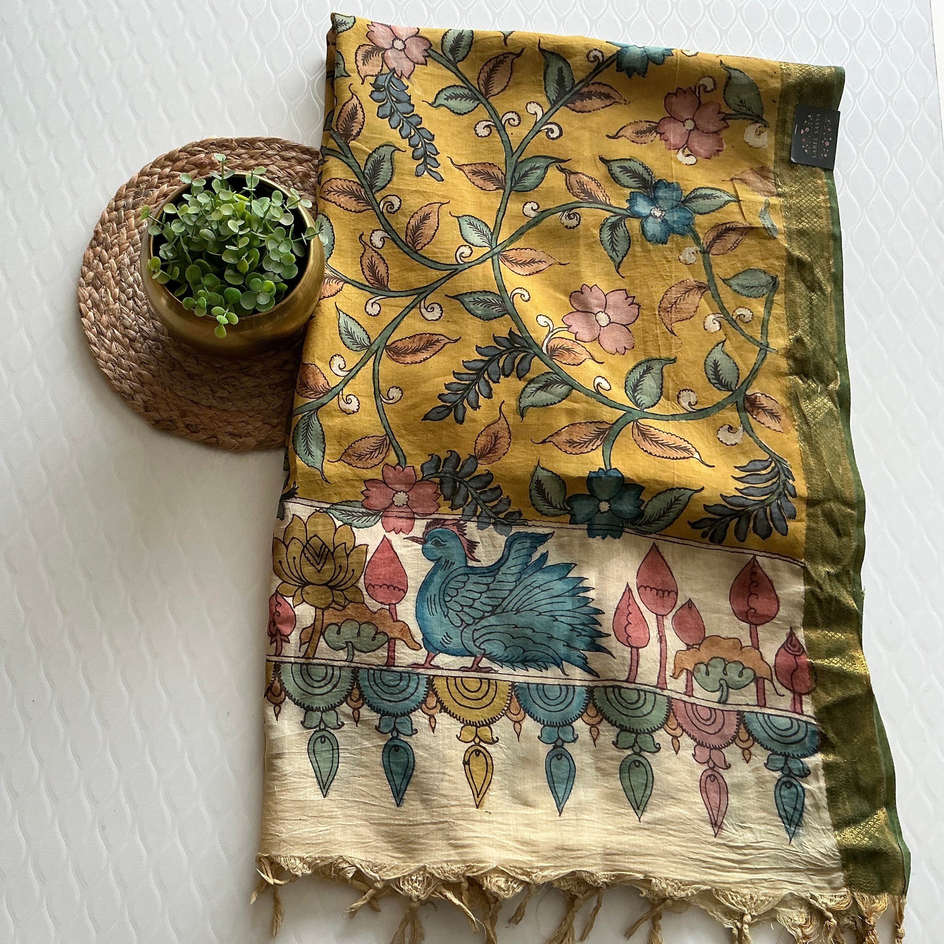 PREMIUM PURE KALANKARI YELLOW AND PESARA GREEN BORDER DUPATTA
