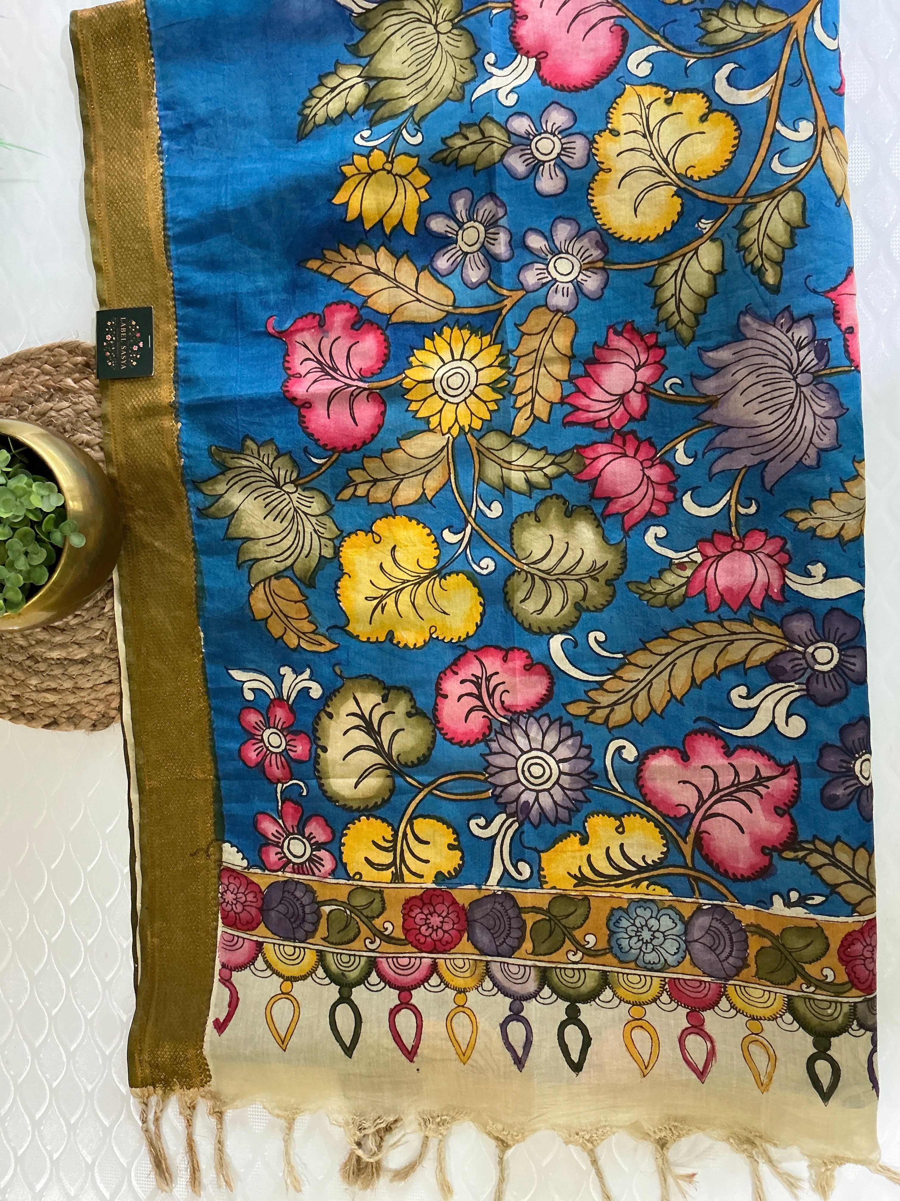 PREMIUM PURE  KALANKARI BULE AND PESARA GREEN BORDER DUPATTA