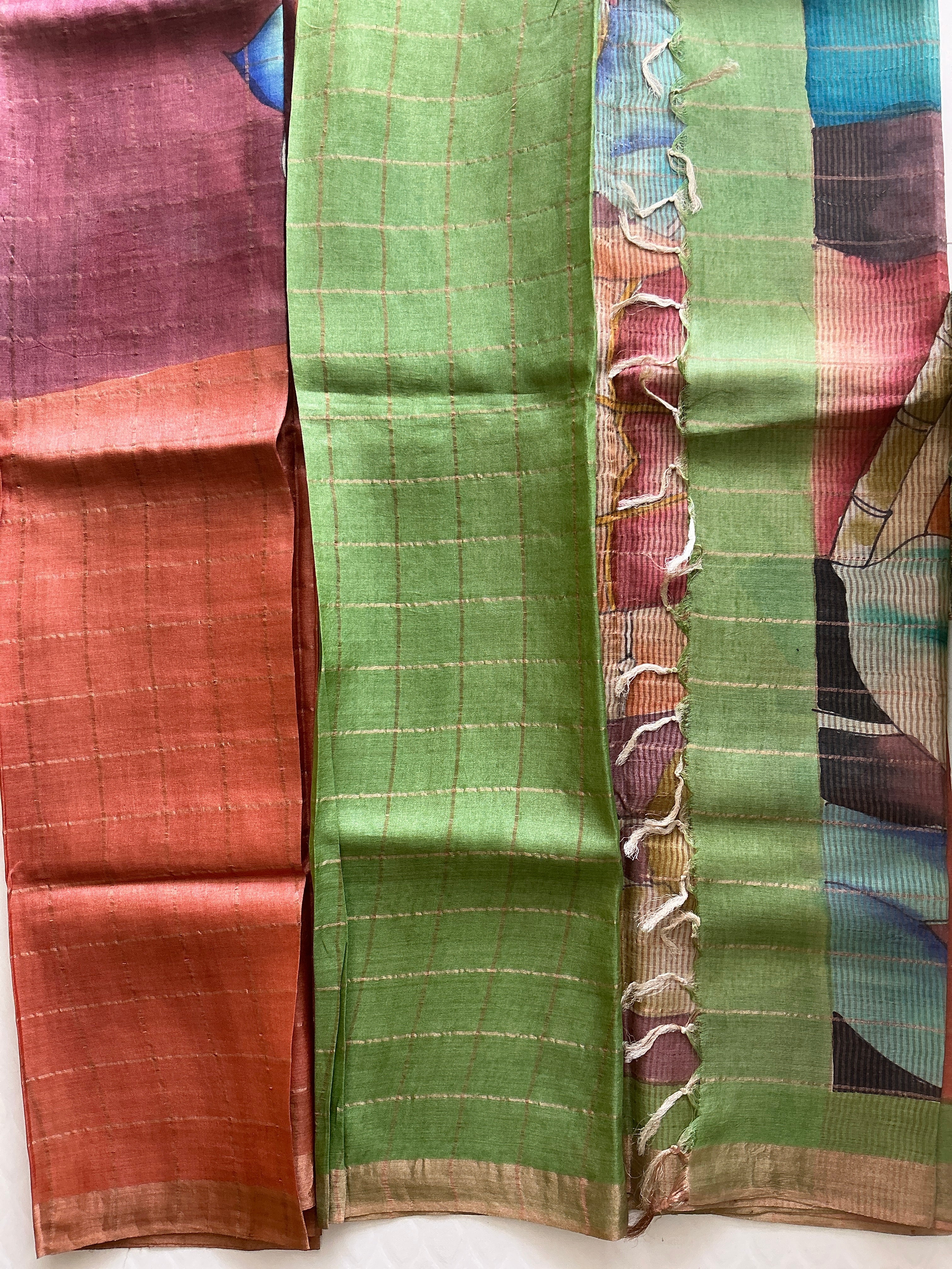 PREMIUM PURE TUSSER CHECKS SAREE PEACH AND GREEN