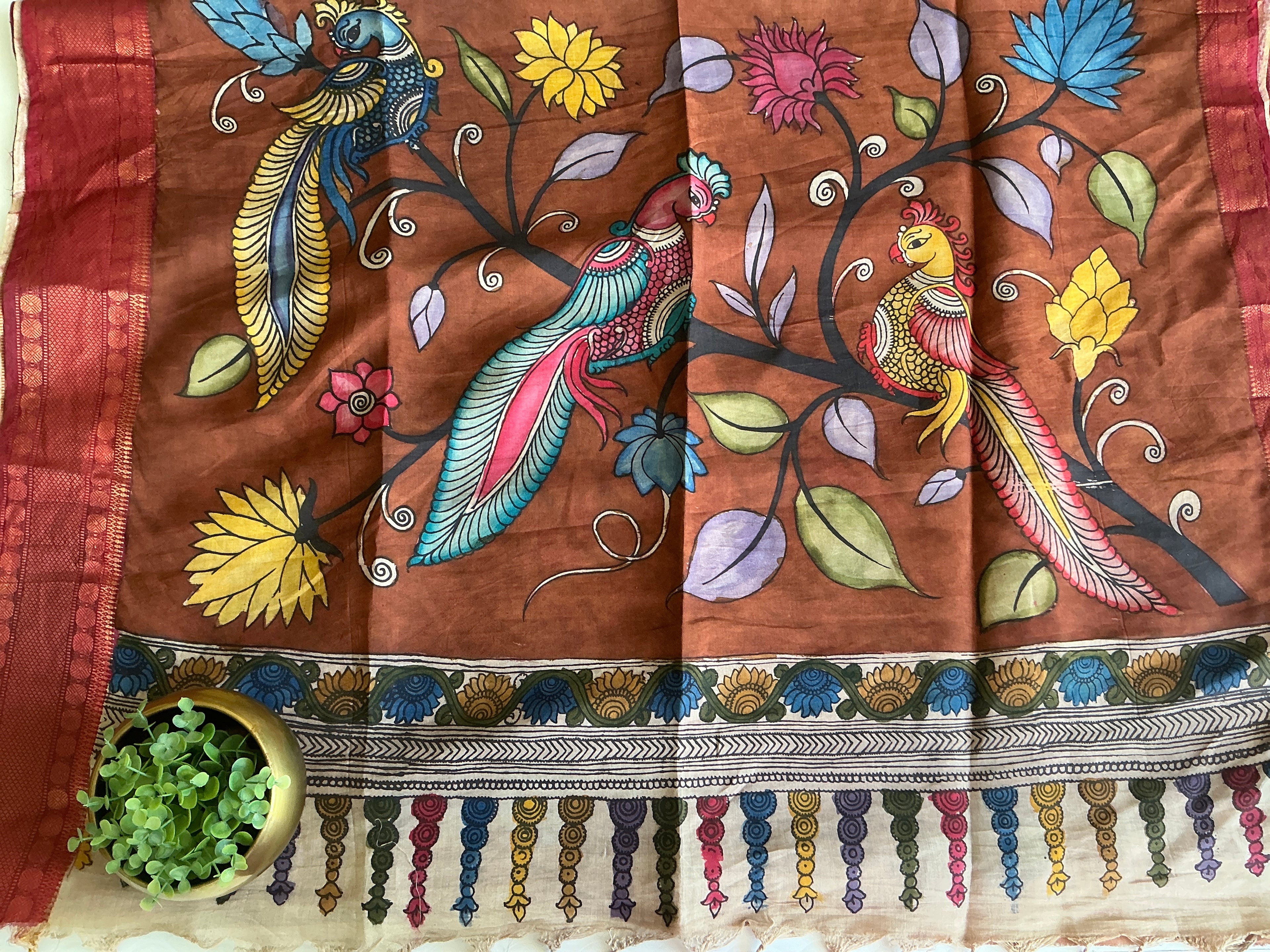 PURE KALANKARI BANGALORE SILK SAREE LIGHT BLUE AND MEROON BORDER