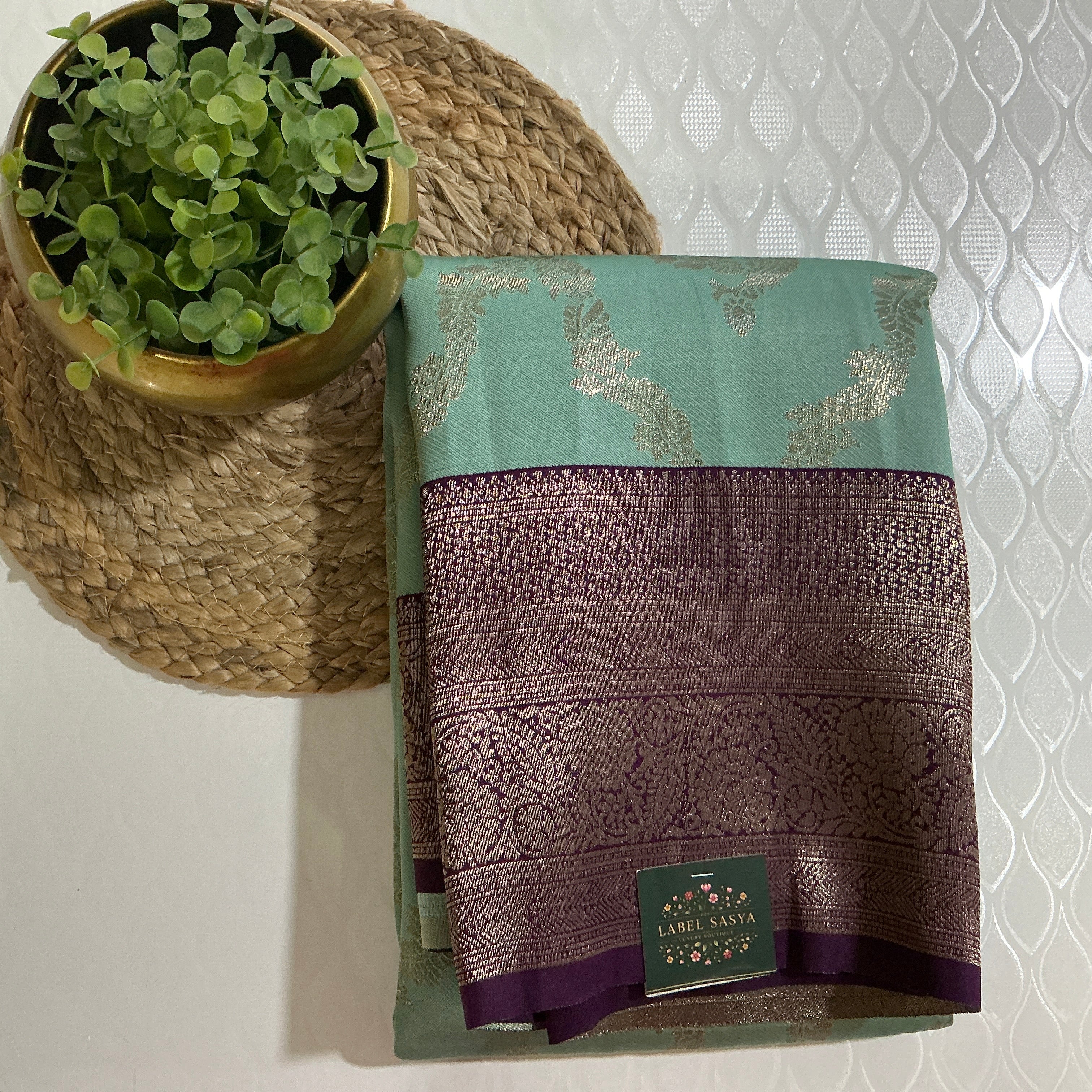 PREMIUM PATTU CONTRAST TEAL AND PURPLE BORDER