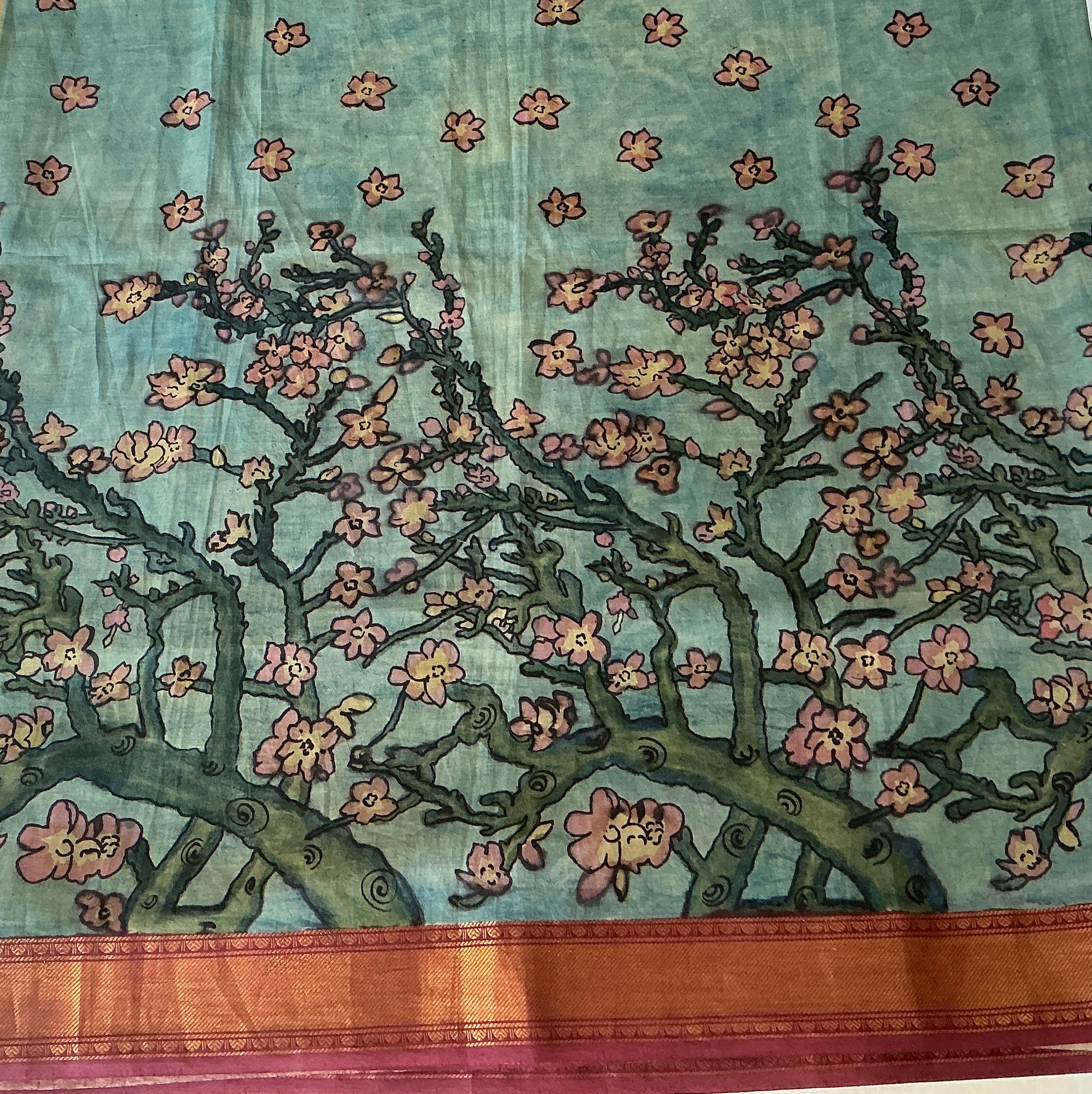 PREMIUM PURE KALANKARI BANGALORE SILK BLUE AND RED BORDER