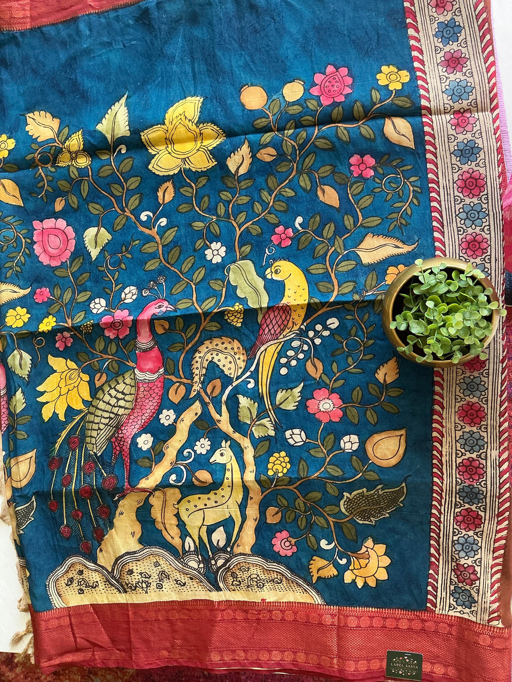 PURE KALANKARI BANGALORE SILK SAREE LIGHT BLUE AND MEROON BORDER
