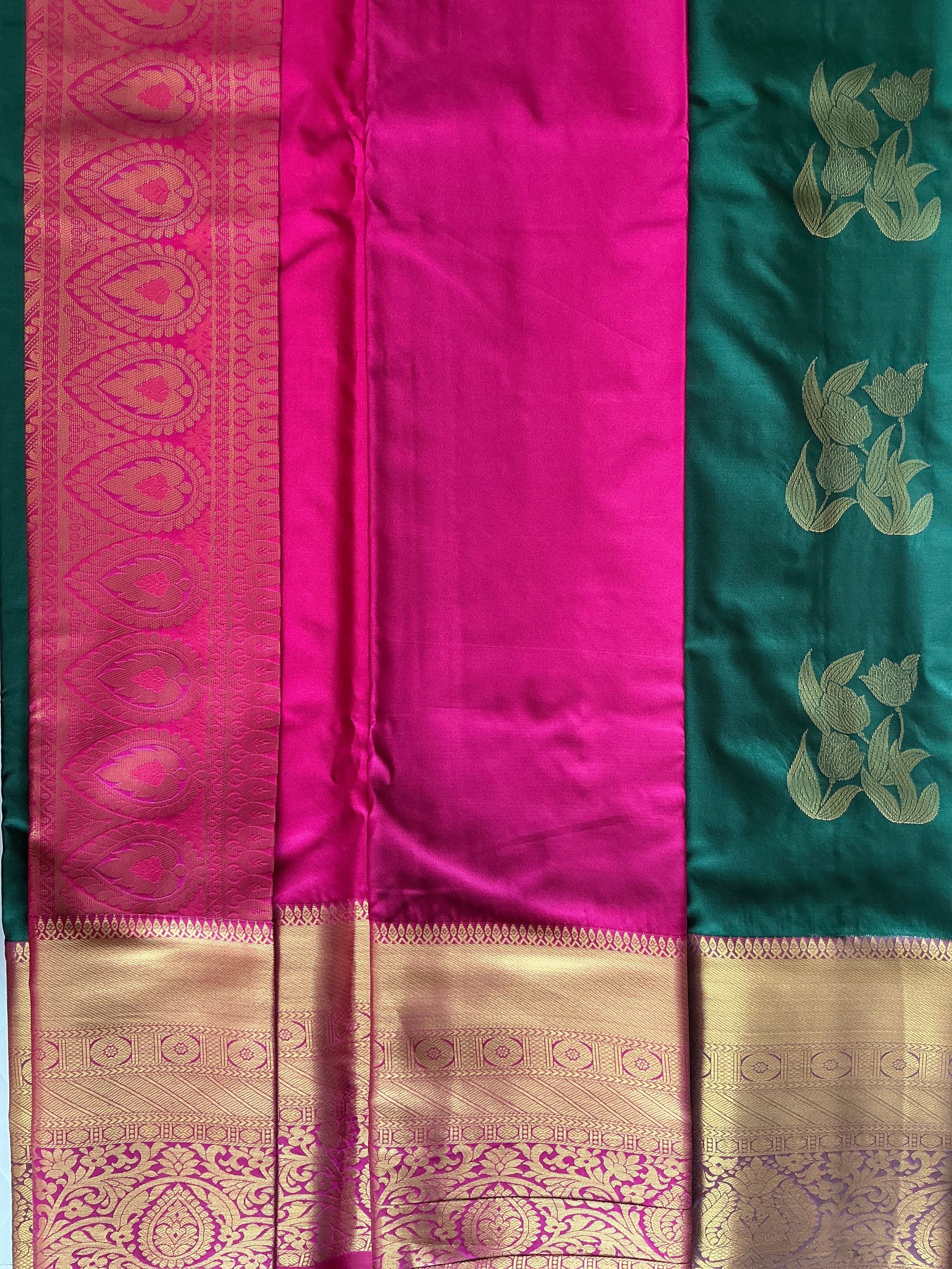 PREMIUM DHARMAVARAM PATTU SAREE GREEN AND PINK BORDER