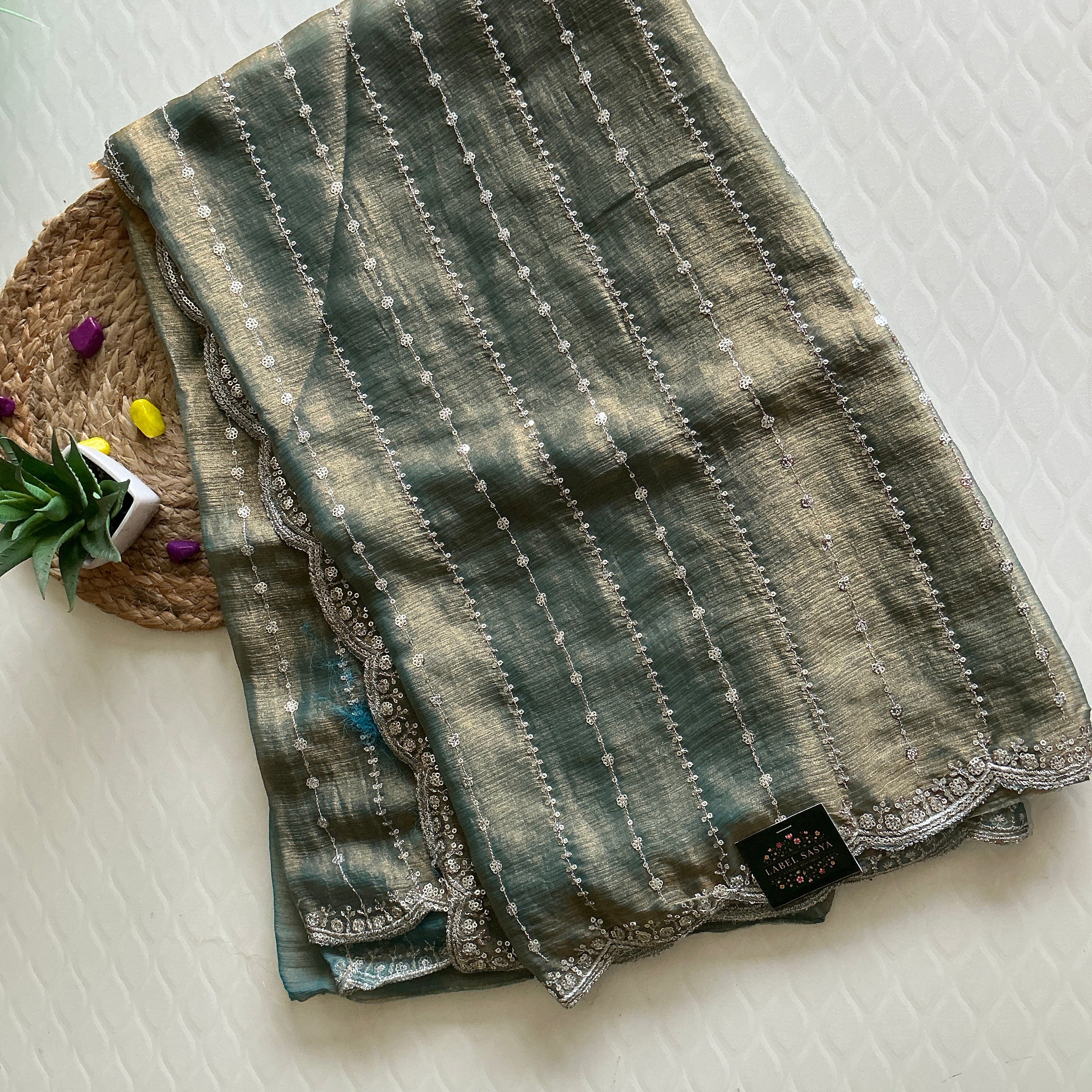 DESIGNER FANCY TISSUE  SKY BLUE SAREE