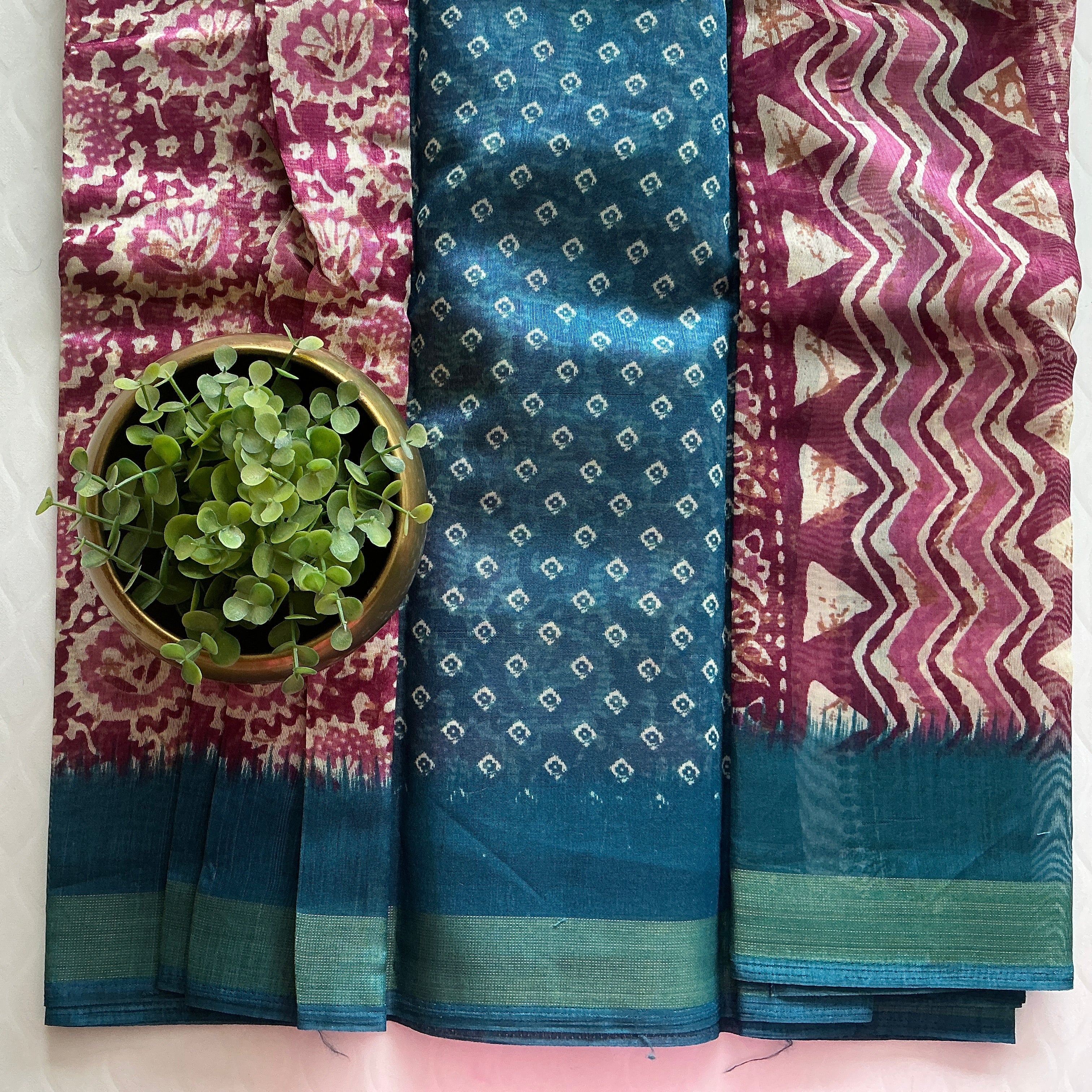 PREMIUM COTTON SILK SAREE MEGENTA AND BLUE BORDER