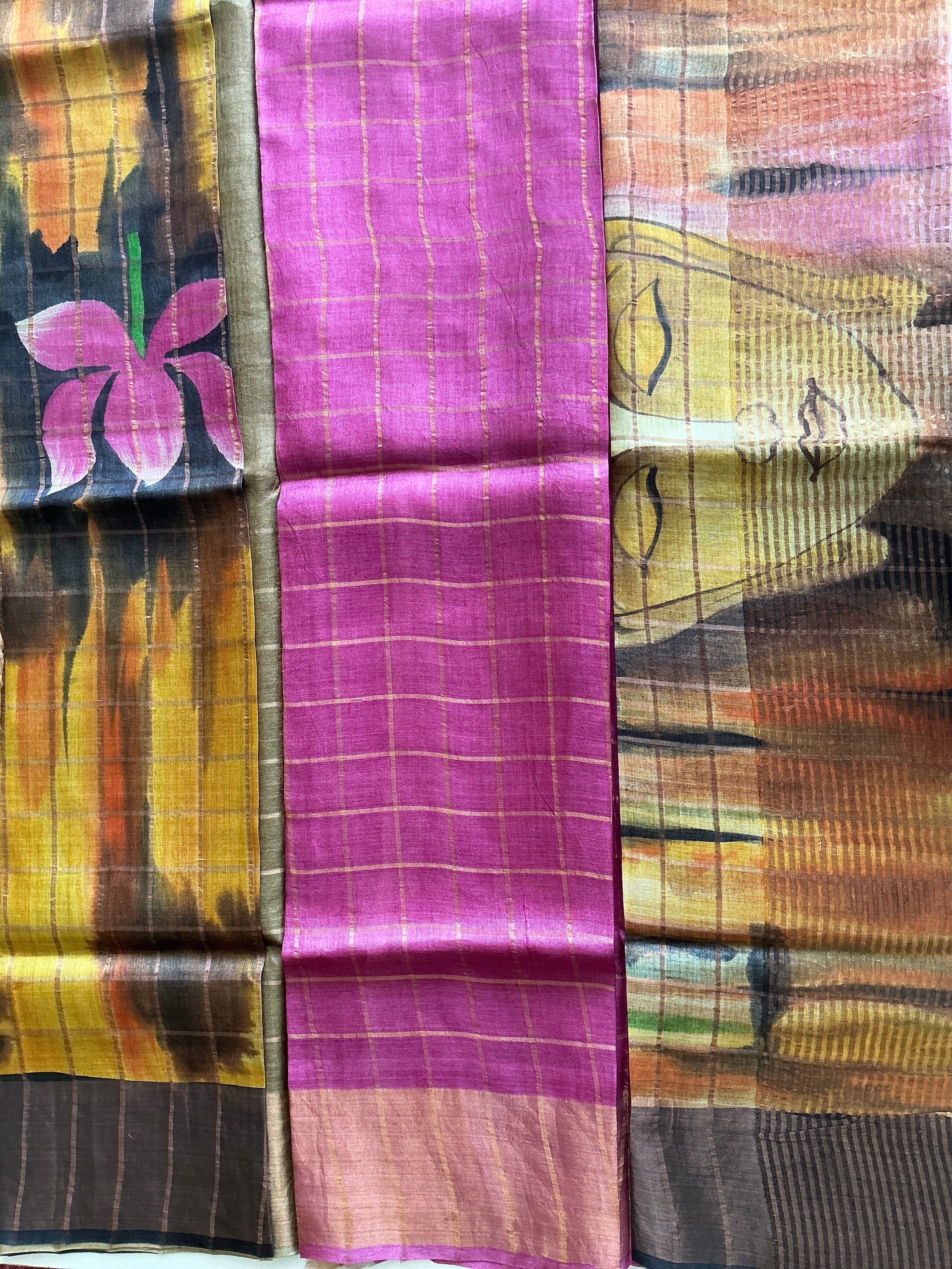 PREMIUM TUSSER CHECKS SAREE YELLOW AND BLACK