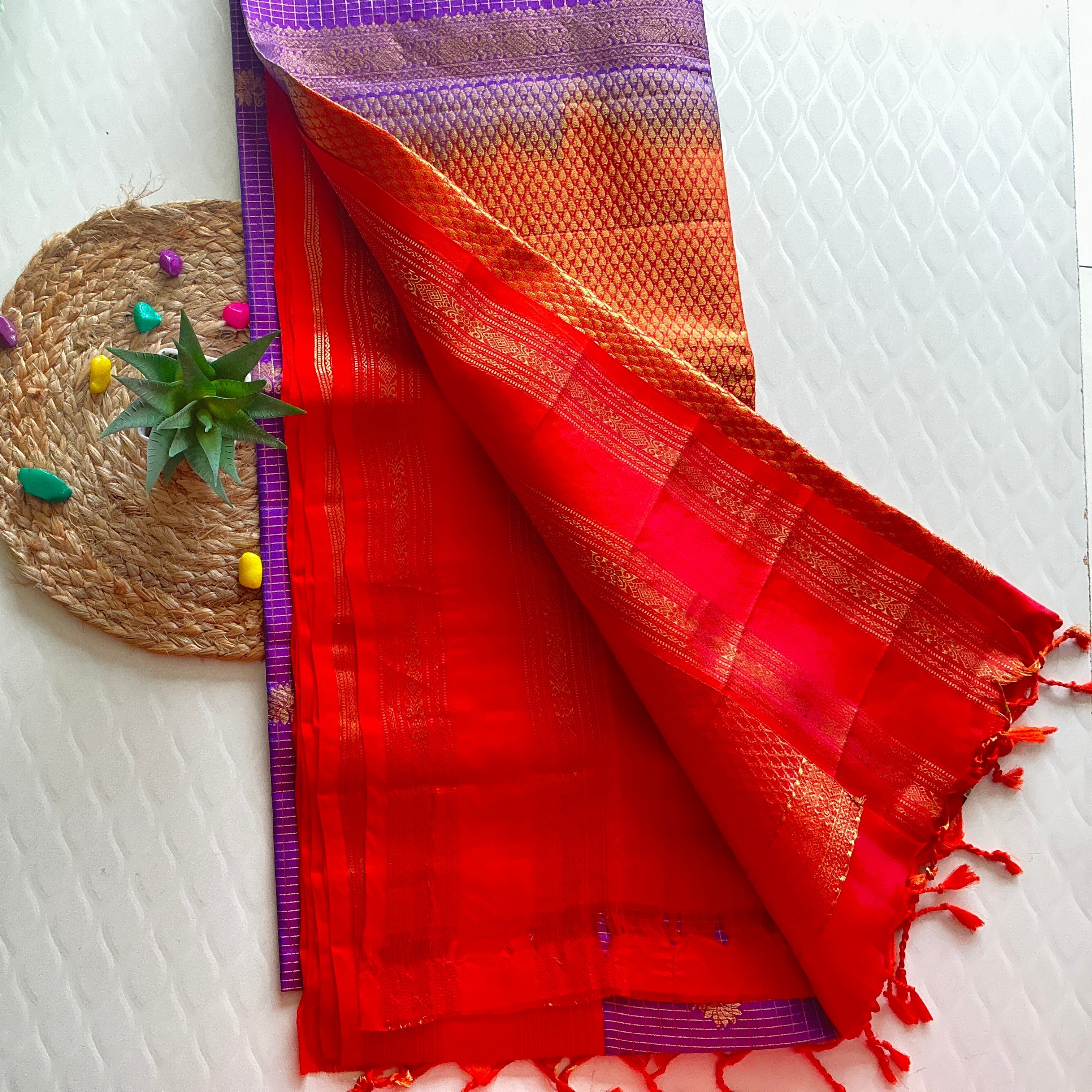 ROYAL VIOLET KANCHI PATTU SAREE  WITH DARK ORANGE  ZARI BORDER