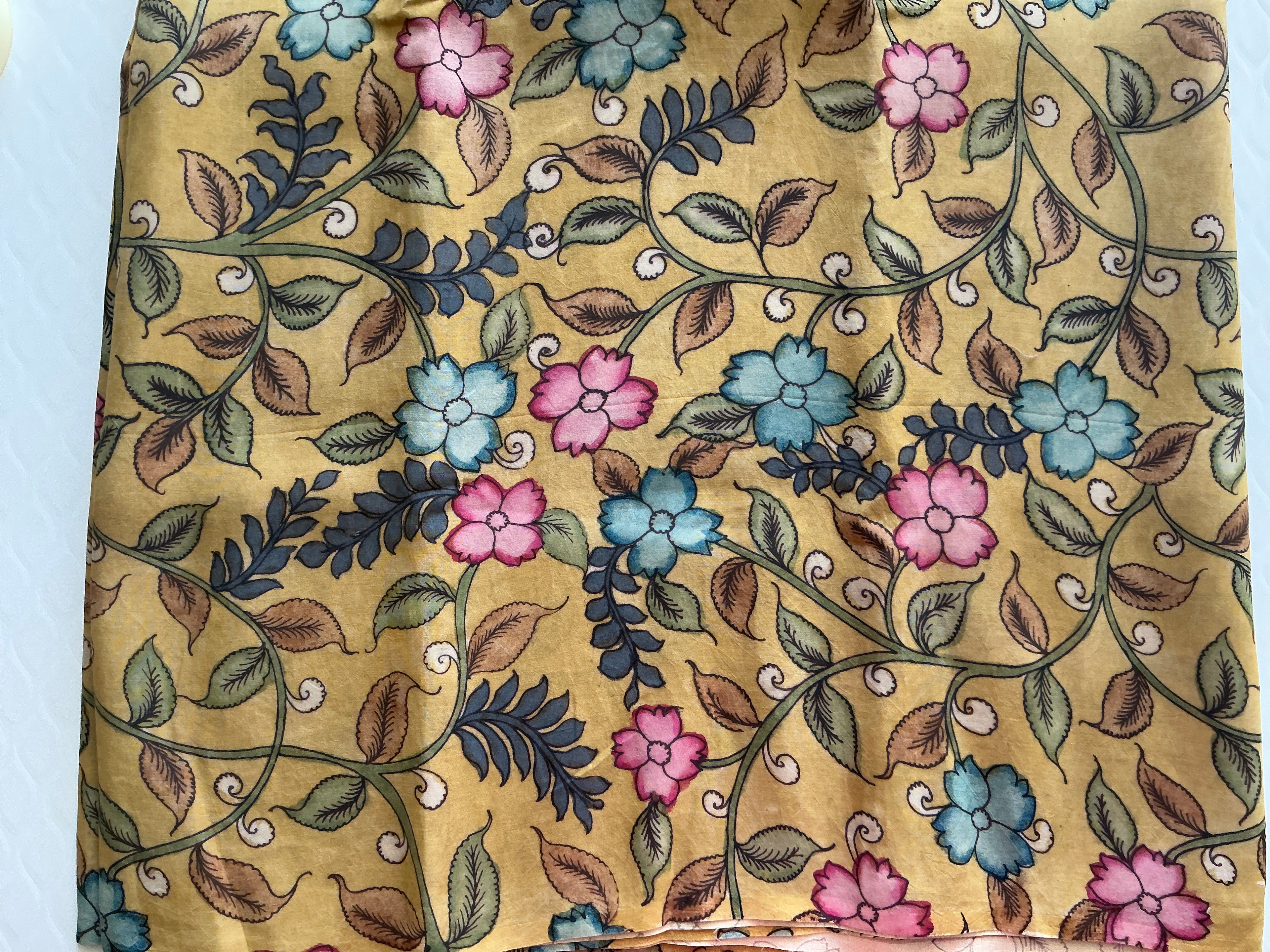 PREMIUM PURE KALANKARI DRESS MATERIAL MUSTED YELLOW 9 1/2 METERS