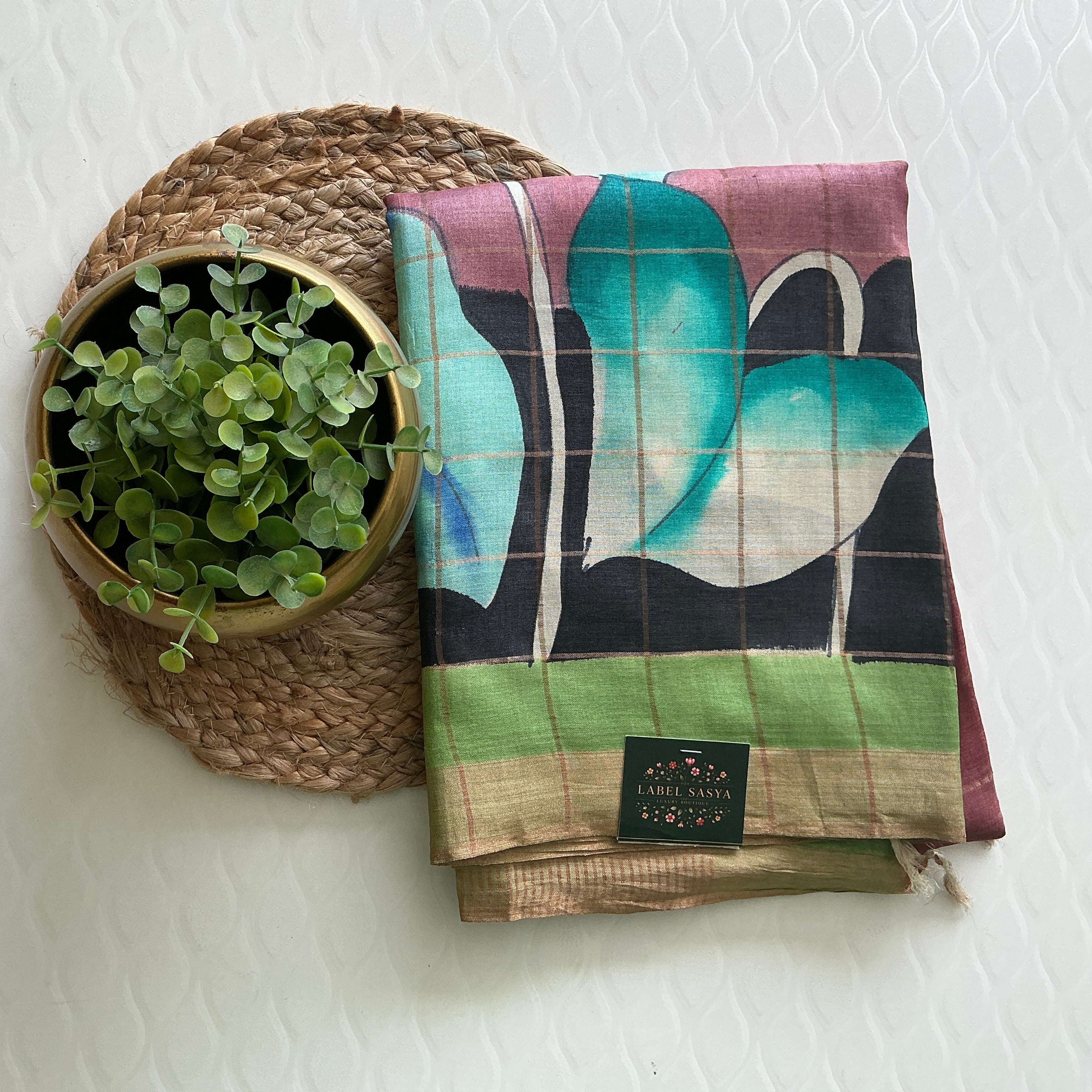 PREMIUM PURE TUSSER CHECKS SAREE PEACH AND GREEN