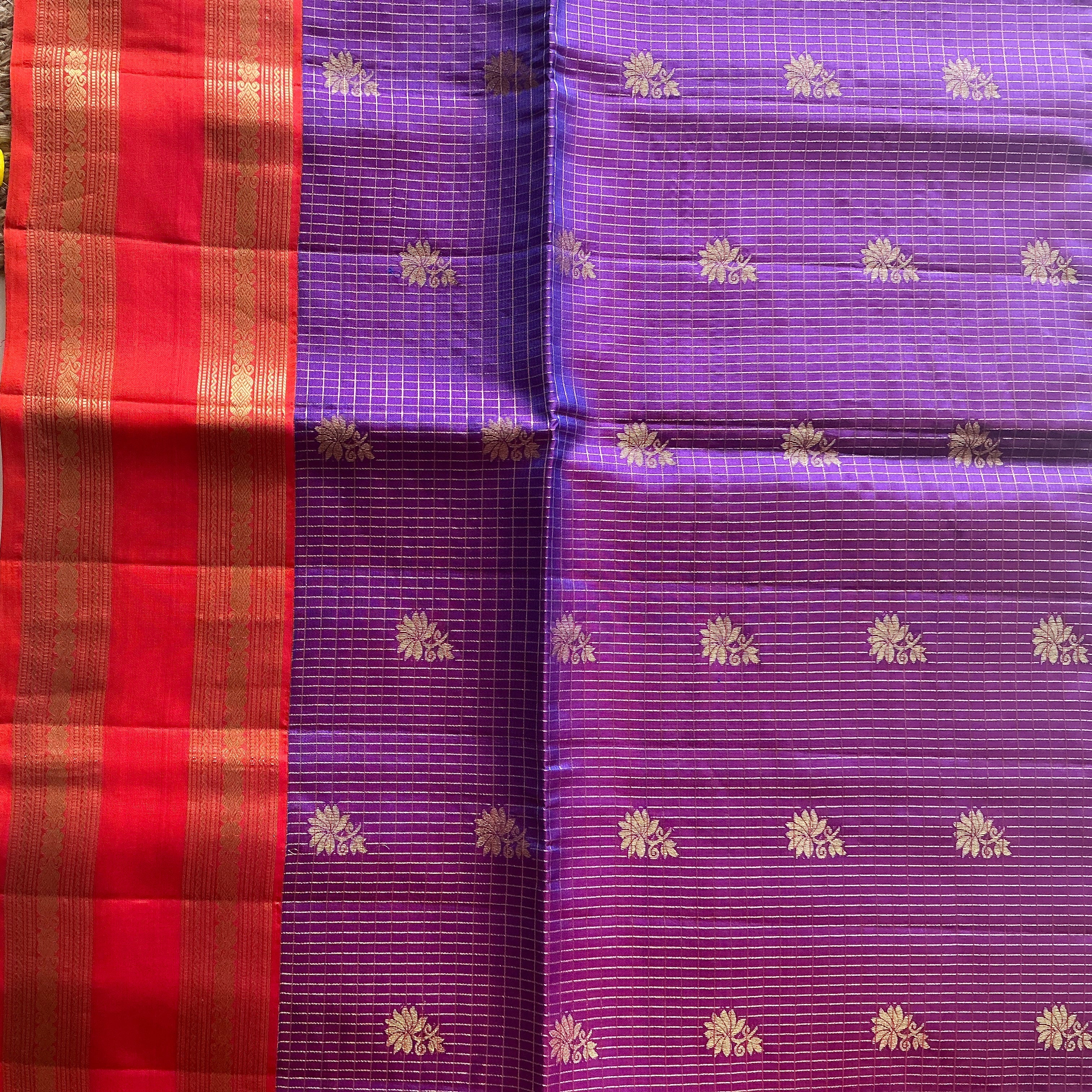 ROYAL VIOLET KANCHI PATTU SAREE  WITH DARK ORANGE  ZARI BORDER