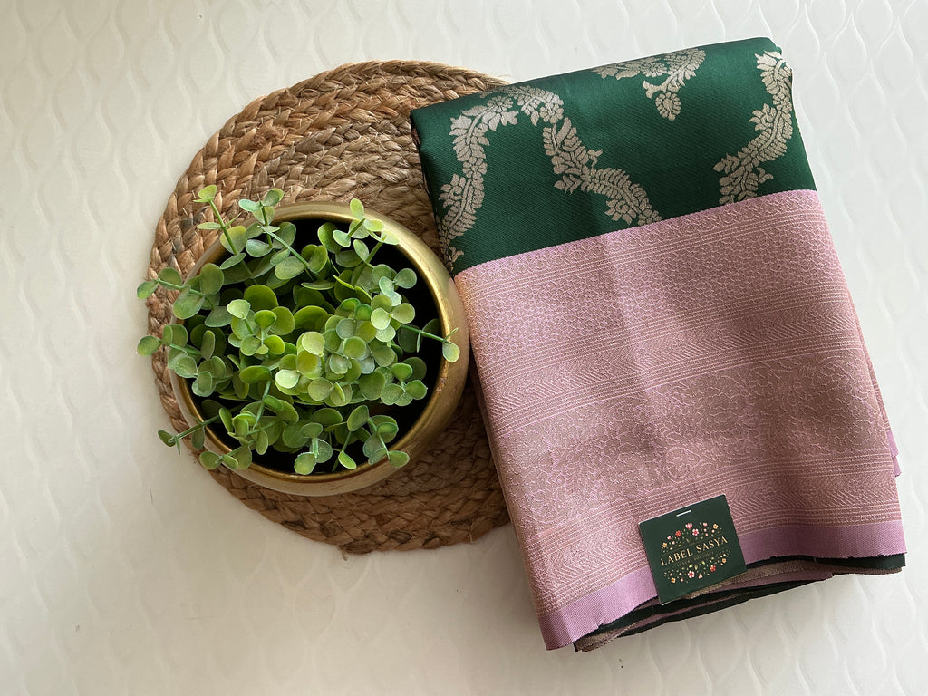 PREMIUM PATTU CONTRAST BORDER GREEN AND PINK SAREE
