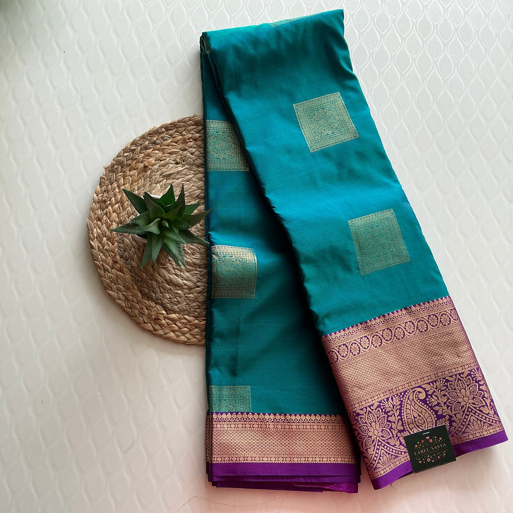 PREMIUM DHARMAVARAM PATTU SKY BLUE AND PURPLE BORDER SAREE
