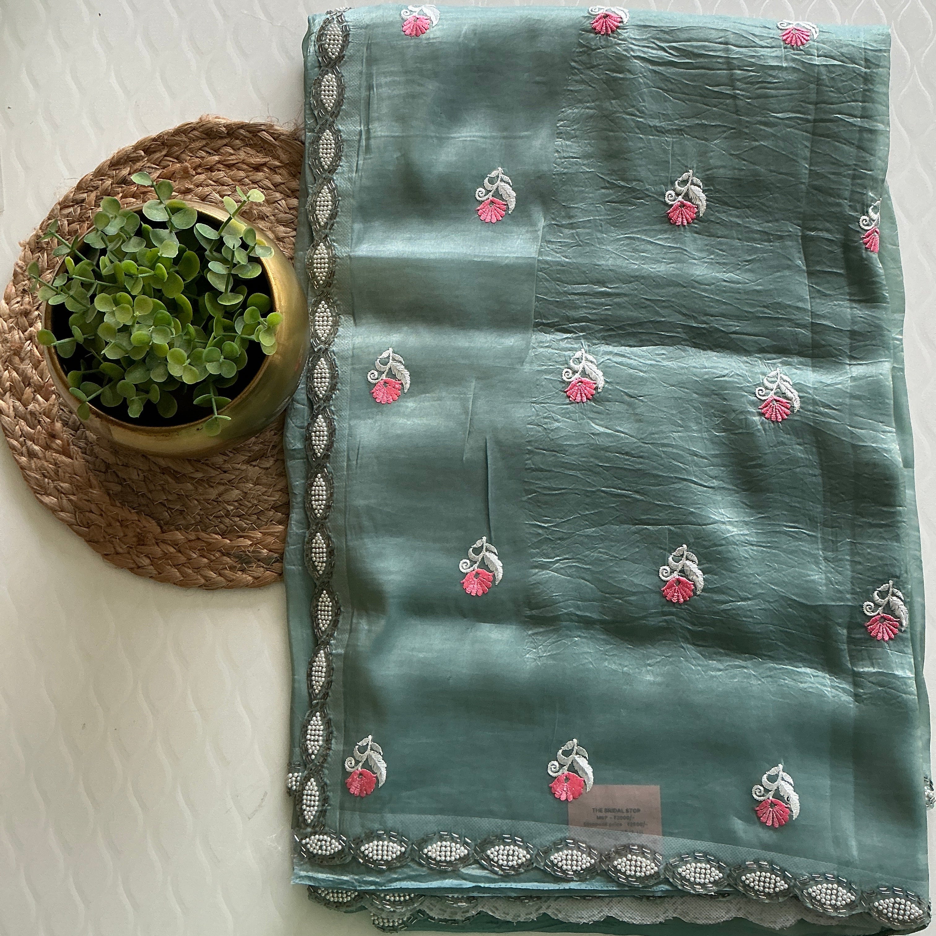 PREMIUM TISSUE SAREE SKY BLUE LASE WORK