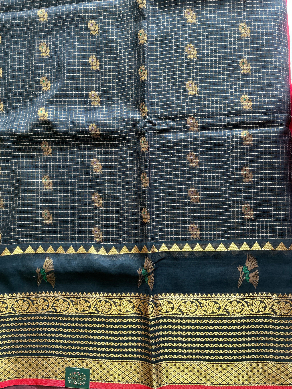 PREMIUM  MANGALAGIRI PATTU BLACK AND RED BUTTAS SAREE