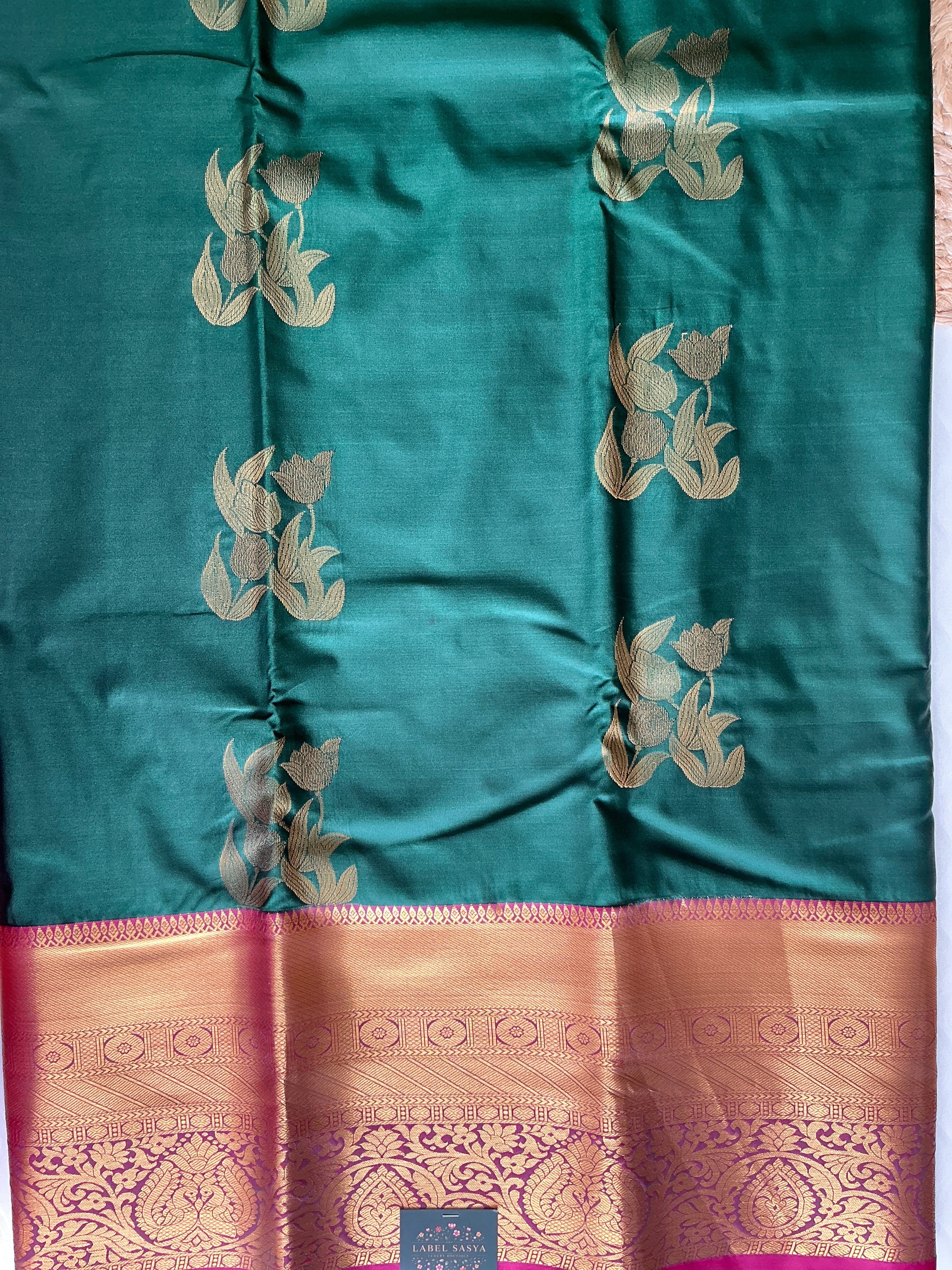 PREMIUM DHARMAVARAM PATTU SAREE GREEN AND PINK BORDER