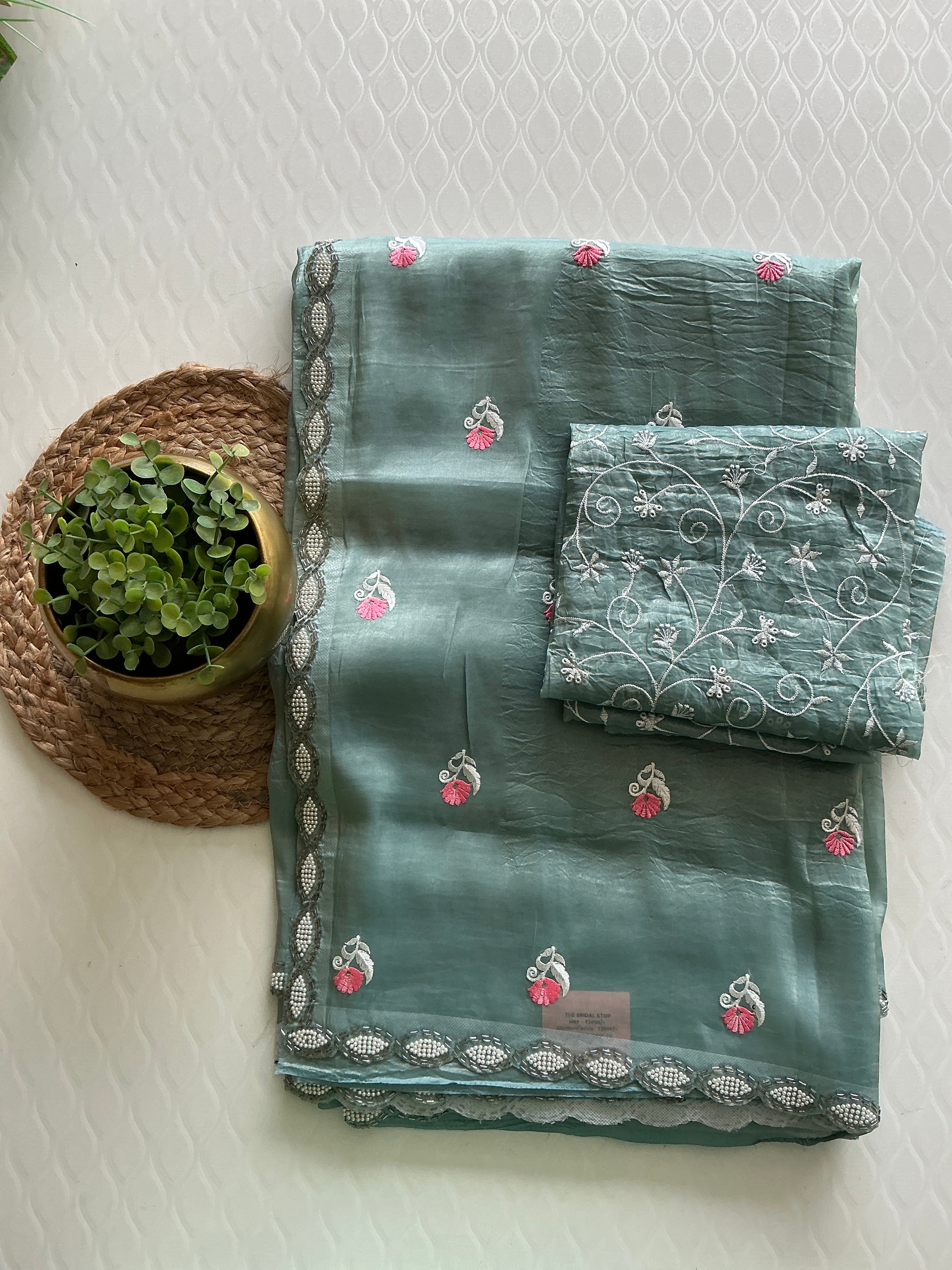 PREMIUM TISSUE SAREE SKY BLUE LASE WORK