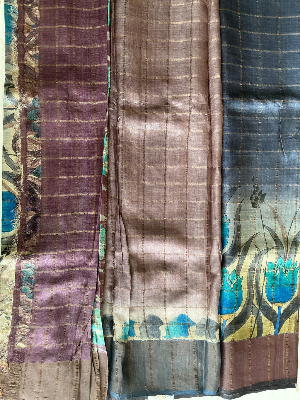PREMIUM PURE TUSSER CHECKS ELEPHANT BLUE SAREE