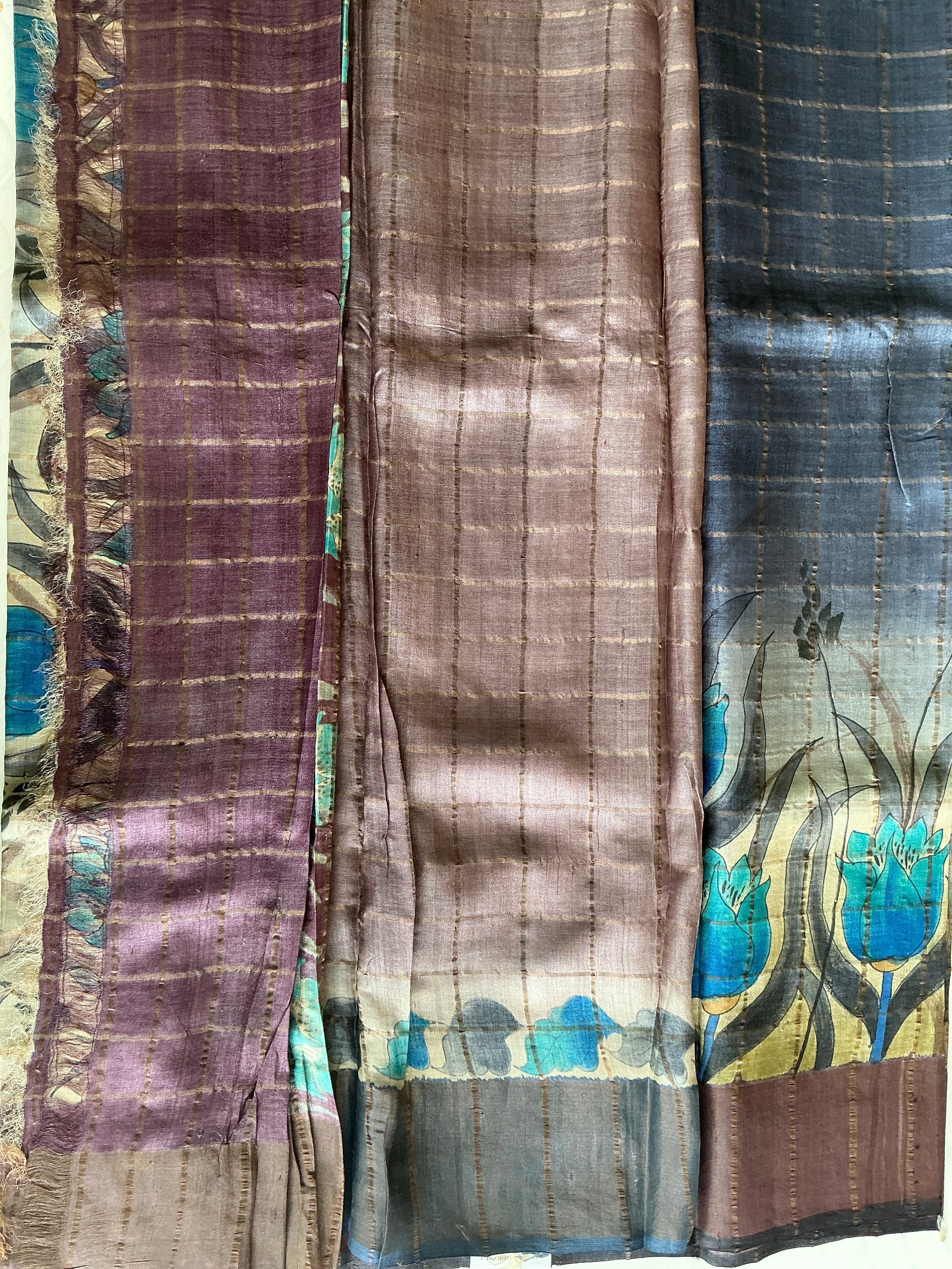 PREMIUM PURE TUSSER CHECKS ELEPHANT BLUE SAREE
