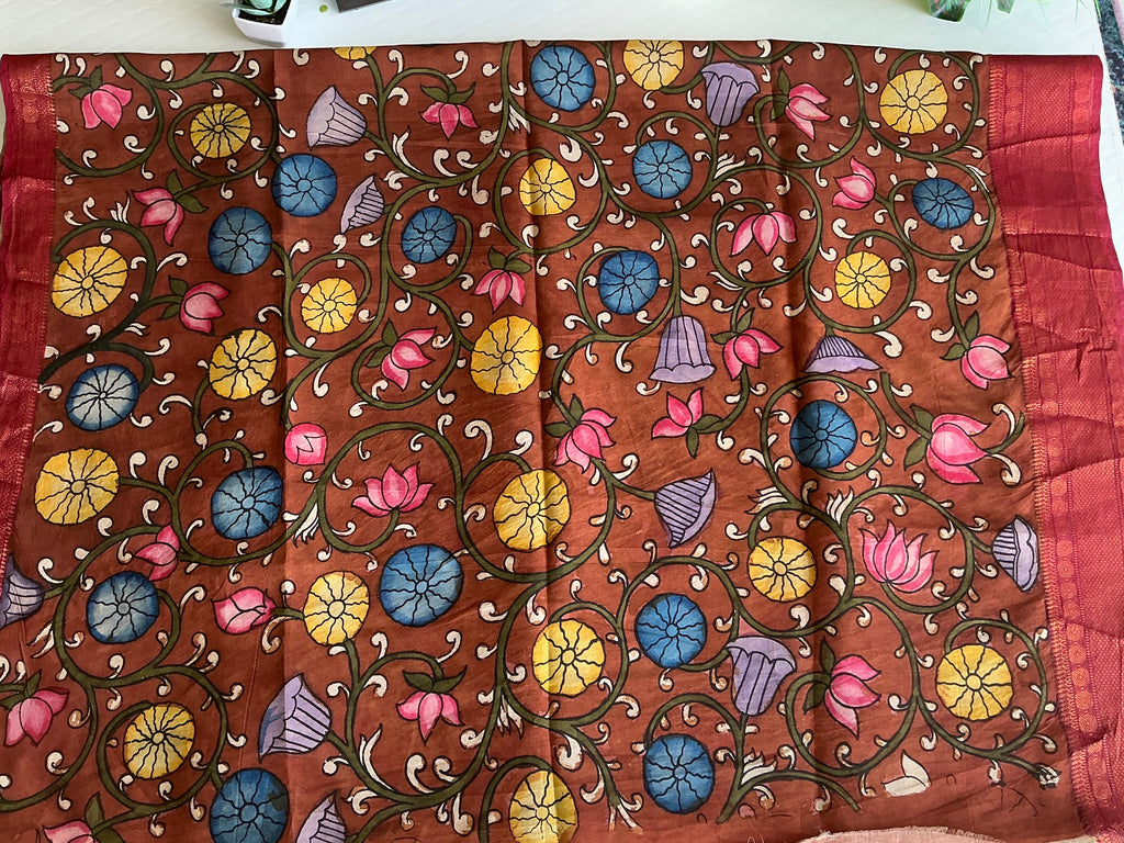 PURE KALANKARI BANGALORE SILK SAREE LIGHT BLUE AND MEROON BORDER
