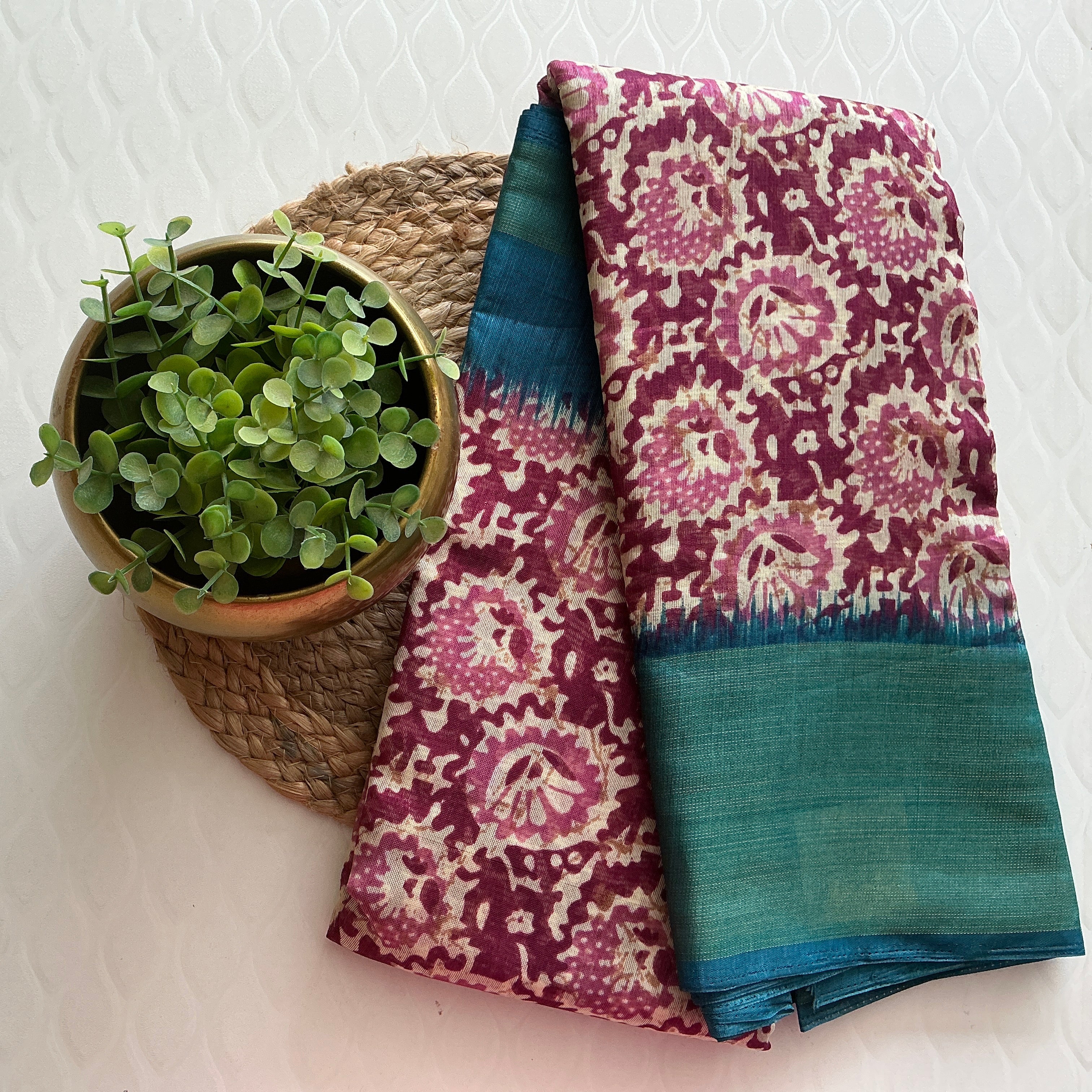 PREMIUM COTTON SILK SAREE MEGENTA AND BLUE BORDER